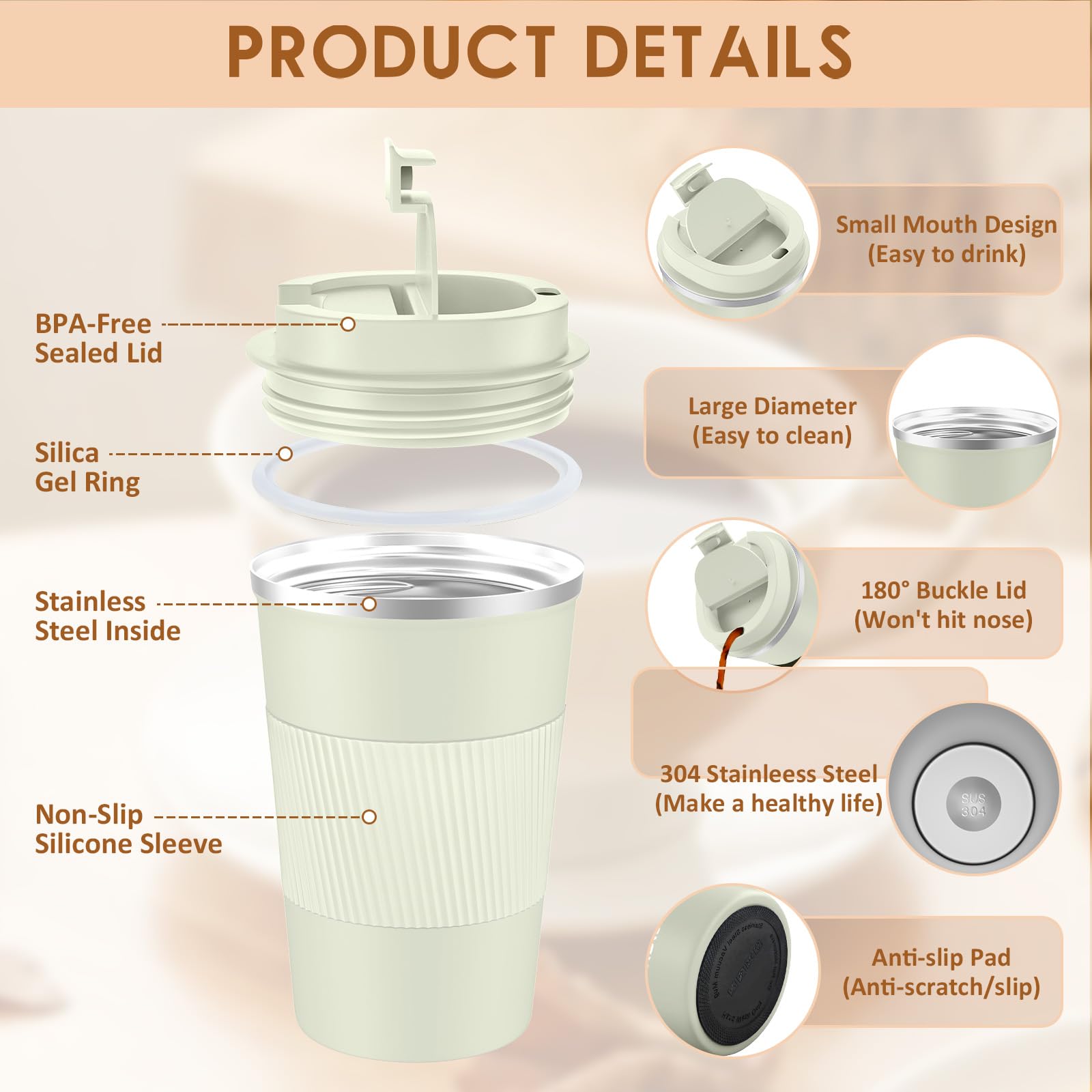 KETIEE Travel Mug Insulated with Leakproof Lid - Reusable Double Walled Coffee Cup, Stainless Steel for Hot Cold Drinks - 380ml Cream - Image 2