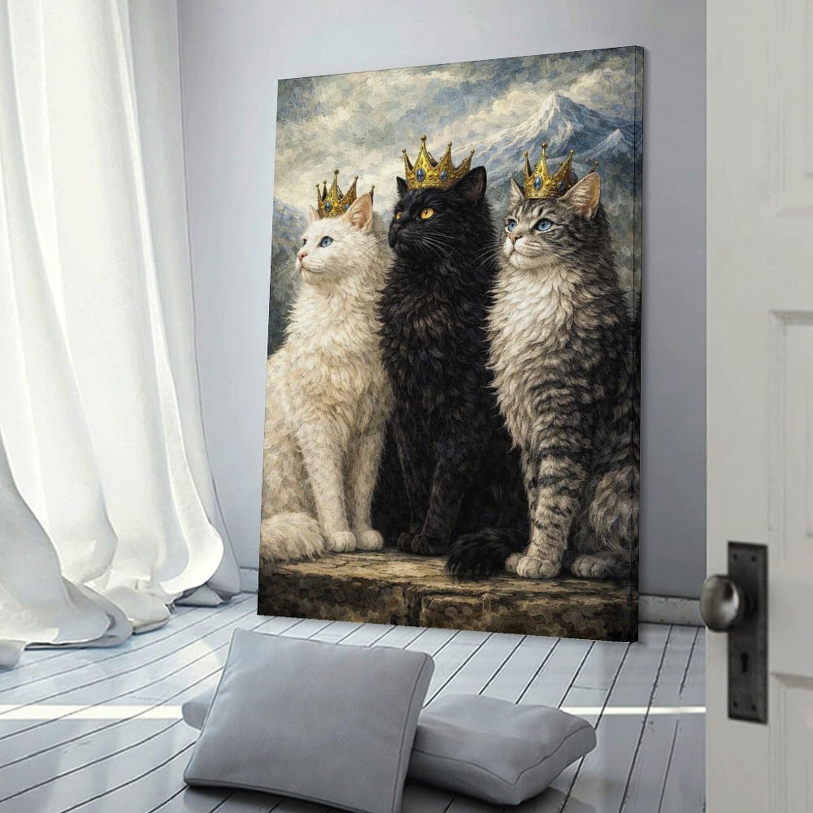 Junmoney Frame-Style-14 Three Regal Cats With Crowns Painting Canvas Wall Picture, 20X30inch(50X75cm), For Flats, Guest Rooms Or Compact Rooms, An Easy Choice For New Home Styling