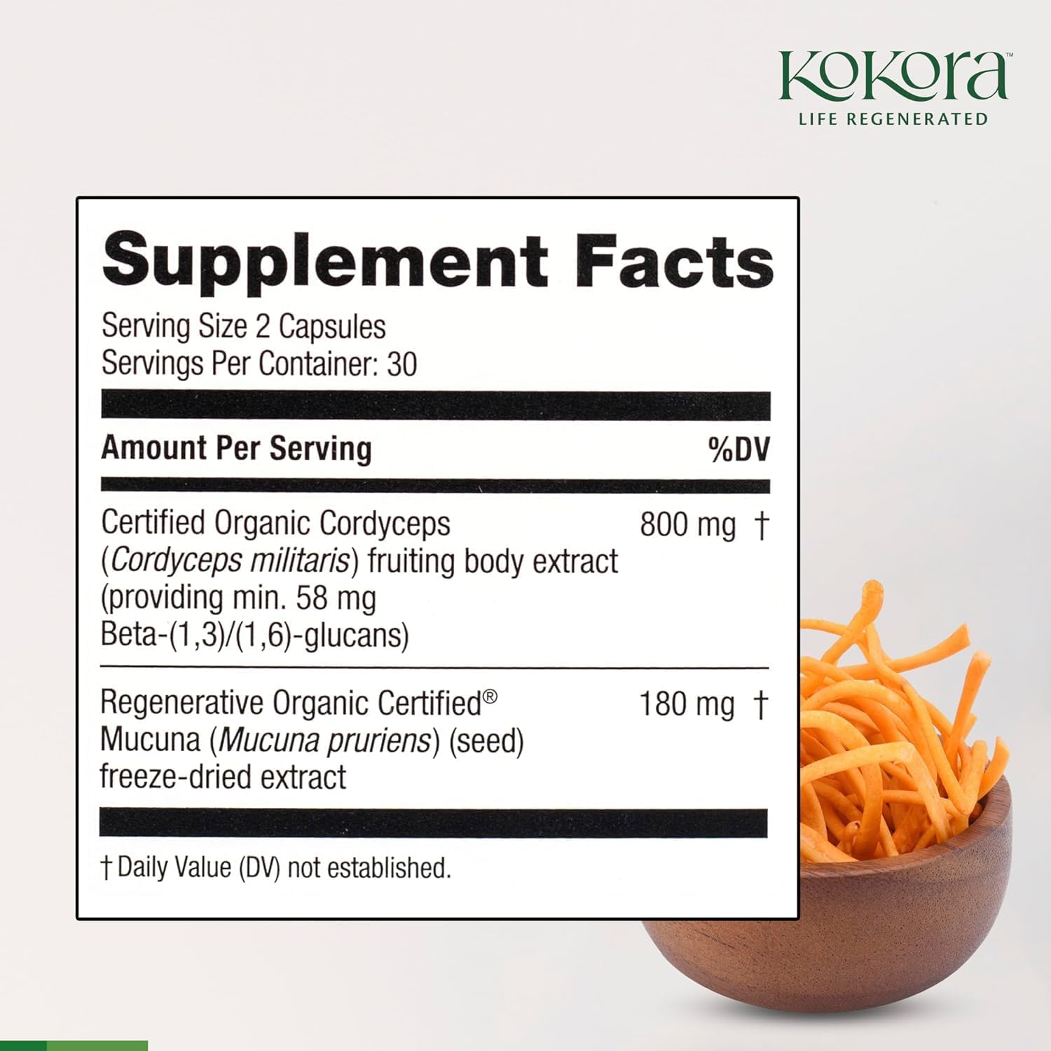kokora Cordyceps Energy -Organic Adaptogenic Mushroom Supplement for Energy and Performance*- Cordyceps with Beta Glucans & Mucuna - Vegan, Non-GMO - 60 Capsules - 30 Servings