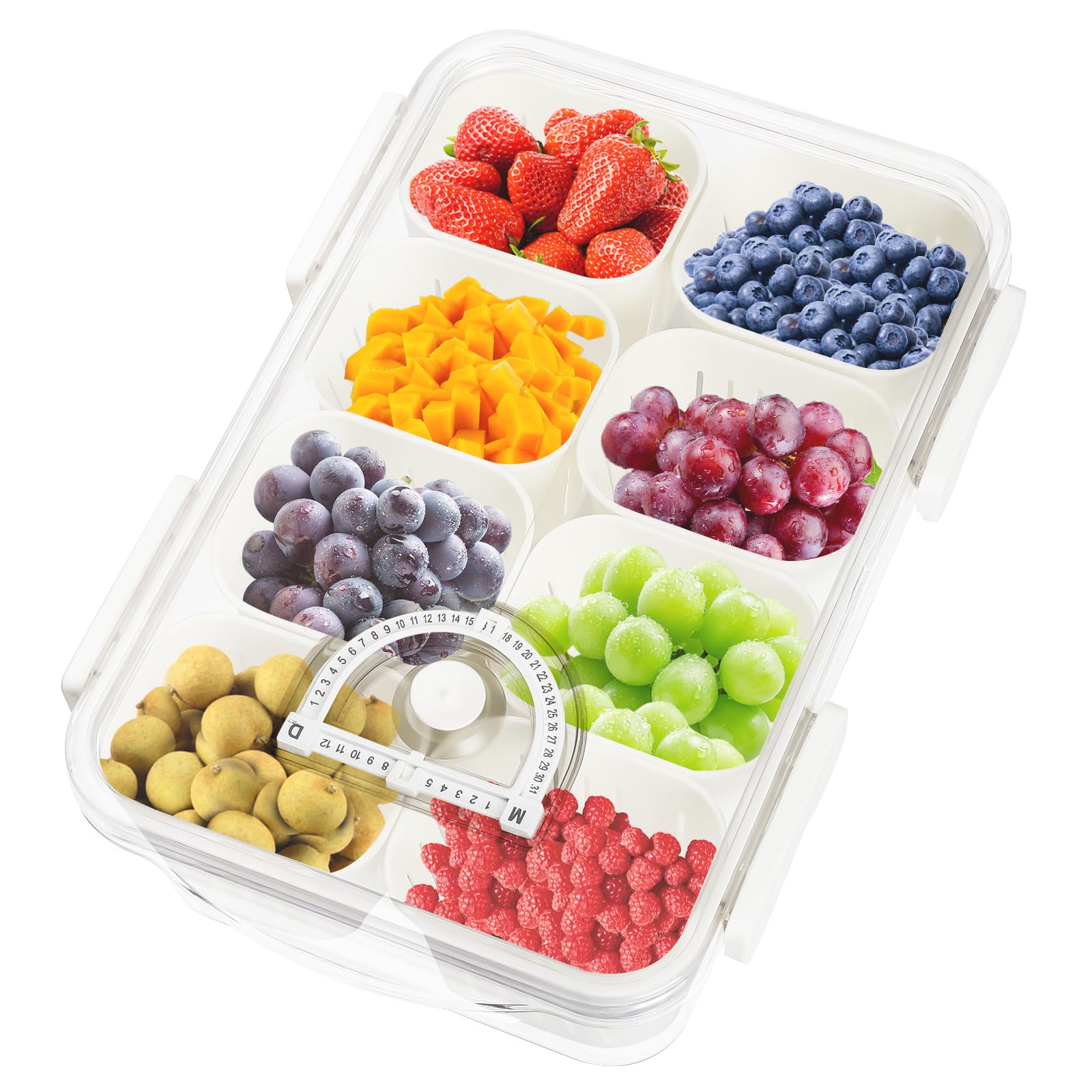 LongzhuoRefrigerator Crisper Box with Lid, Divided Serving Tray Serving Platter with 8 Removable Compartment Box, Reusable Serving Platters Bowls with Drainage Function for Home Kitchen
