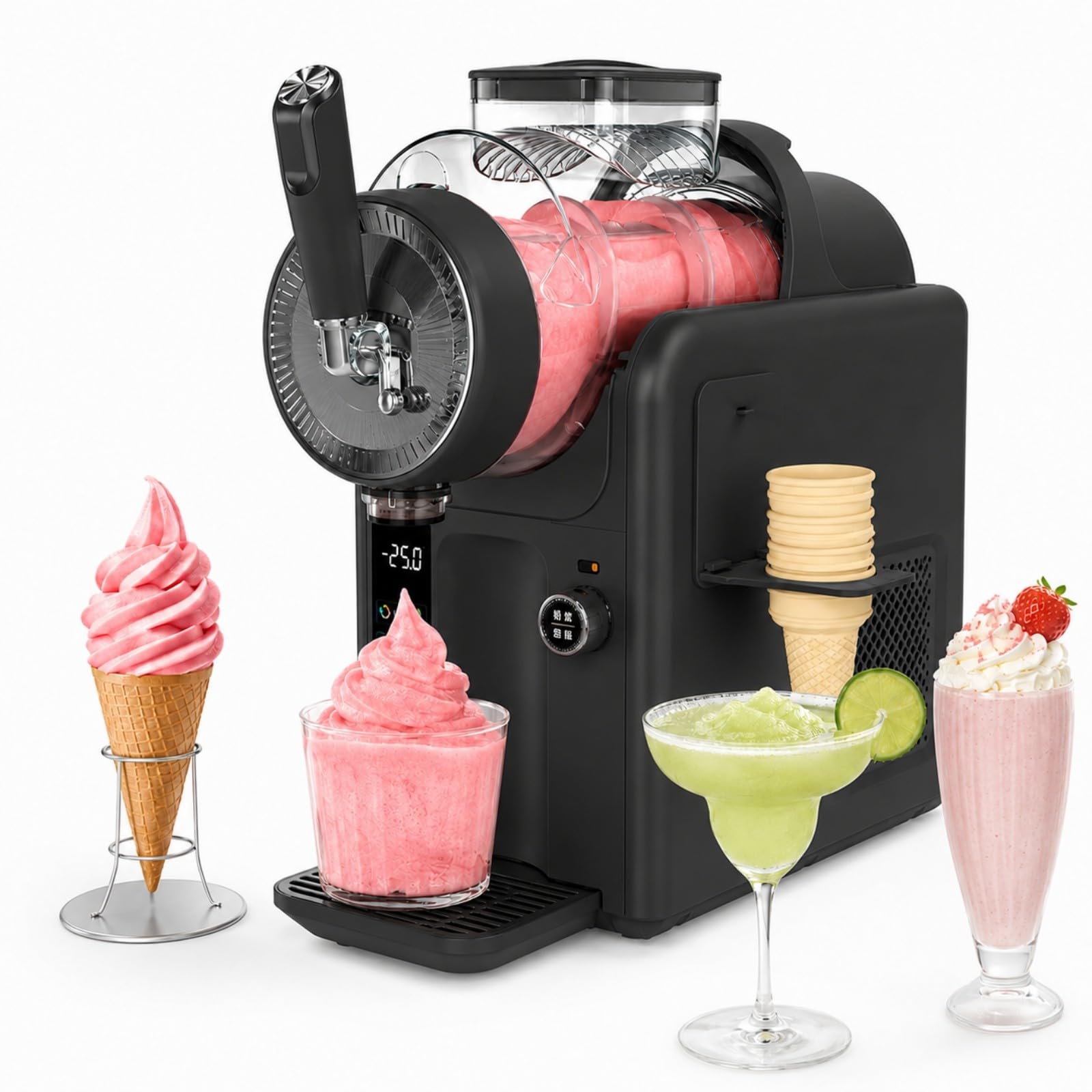 HCAUYNN Ice Cream Machine Slushie Machine for Home, Slush Maker No Ice Needed, Self Cleaning Soft Serve Ice Cream Maker with 5 Preset Modes, LED Display for Milkshake, Smoothie & Party Drinks Black
