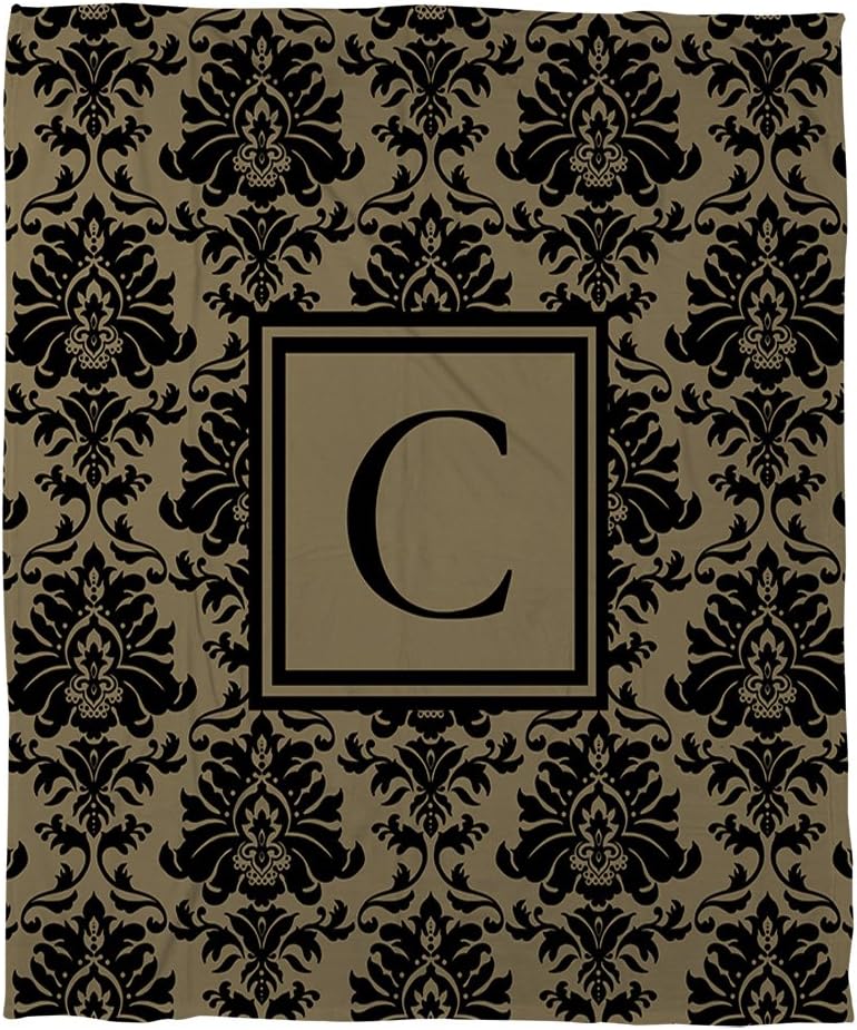 Manual Woodworkers & Weavers Coral Fleece Throw, 50 by 60-Inch, Monogrammed Letter C, Black and Gold Damask