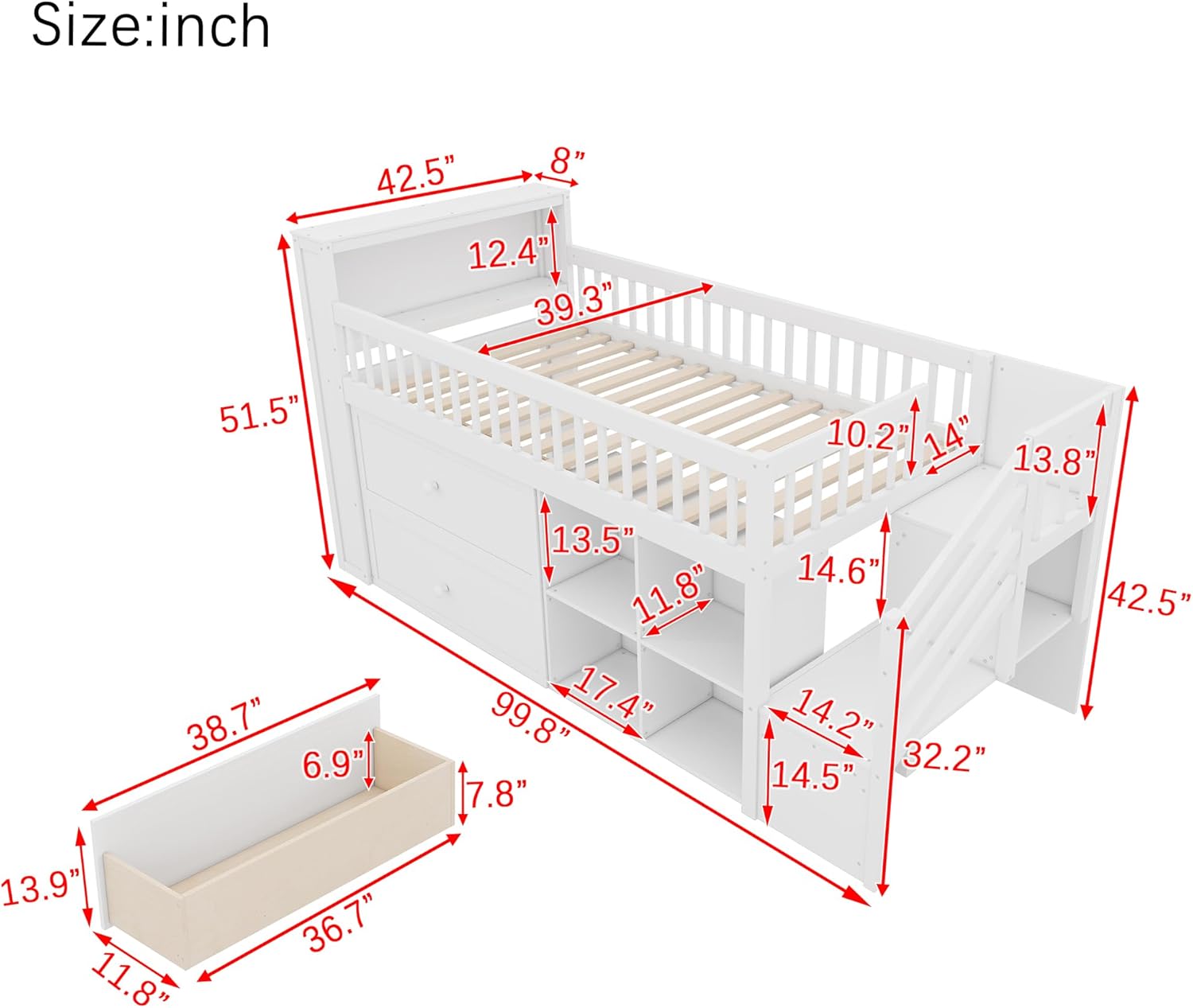 Low Loft Bed with LED and Bookshelf, Wooden Twin Loft Bed with Stairs, Kids Loft Bed with Storage Drawers and Shelves, White, 99.8W x 42.5D x 51.5H in