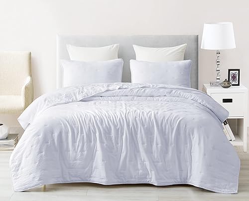 Chezmoi Collection Marie - Juego de edredón bordado de línea de 3 piezas, juego de edredón ligero de microfibra lavada suave (King, blanco)