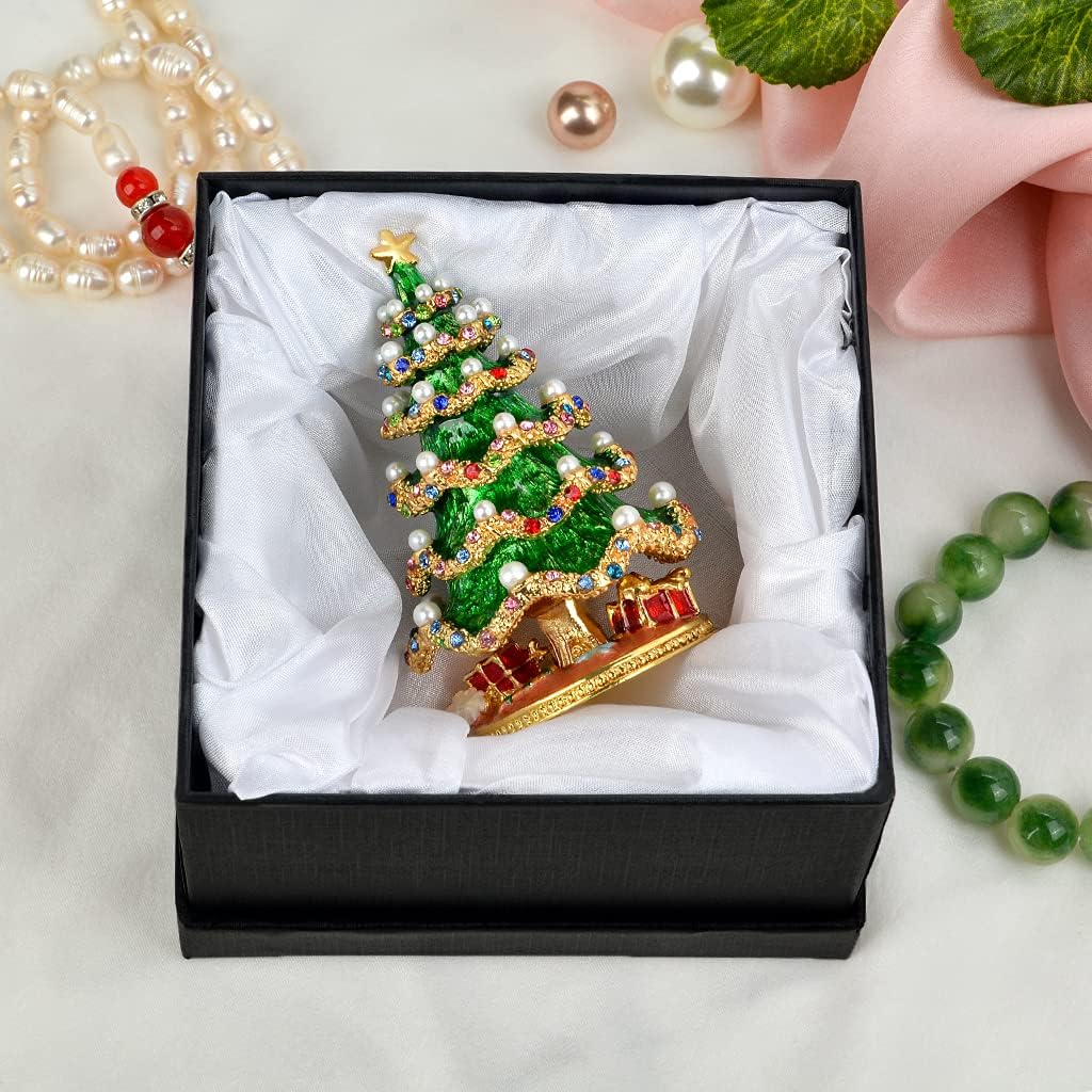 Golden Crystal Enameled Christmas Tree Jewelry Box, Hand-Painted Hinged Holiday Trinket Box, Elegant Home Décor & Unique Gift for Men & Women
