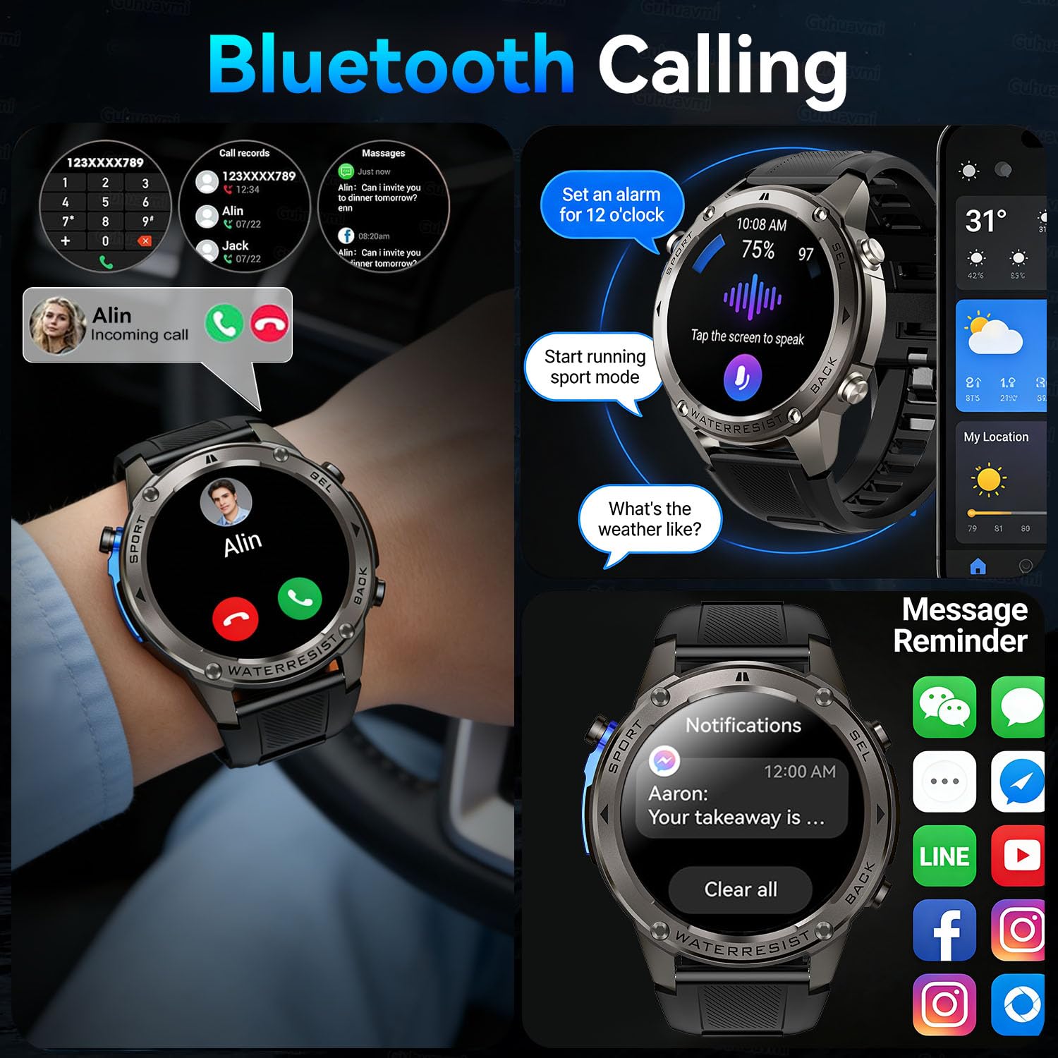 Smart Watch GPS da uomo militare robusto, bussola, impermeabile fino a 50 m, batteria grande da 500 mAh, schermo AMOLED da 1,4 pollici, rispondere/effettuare chiamate, compatibile con Android iOS (2