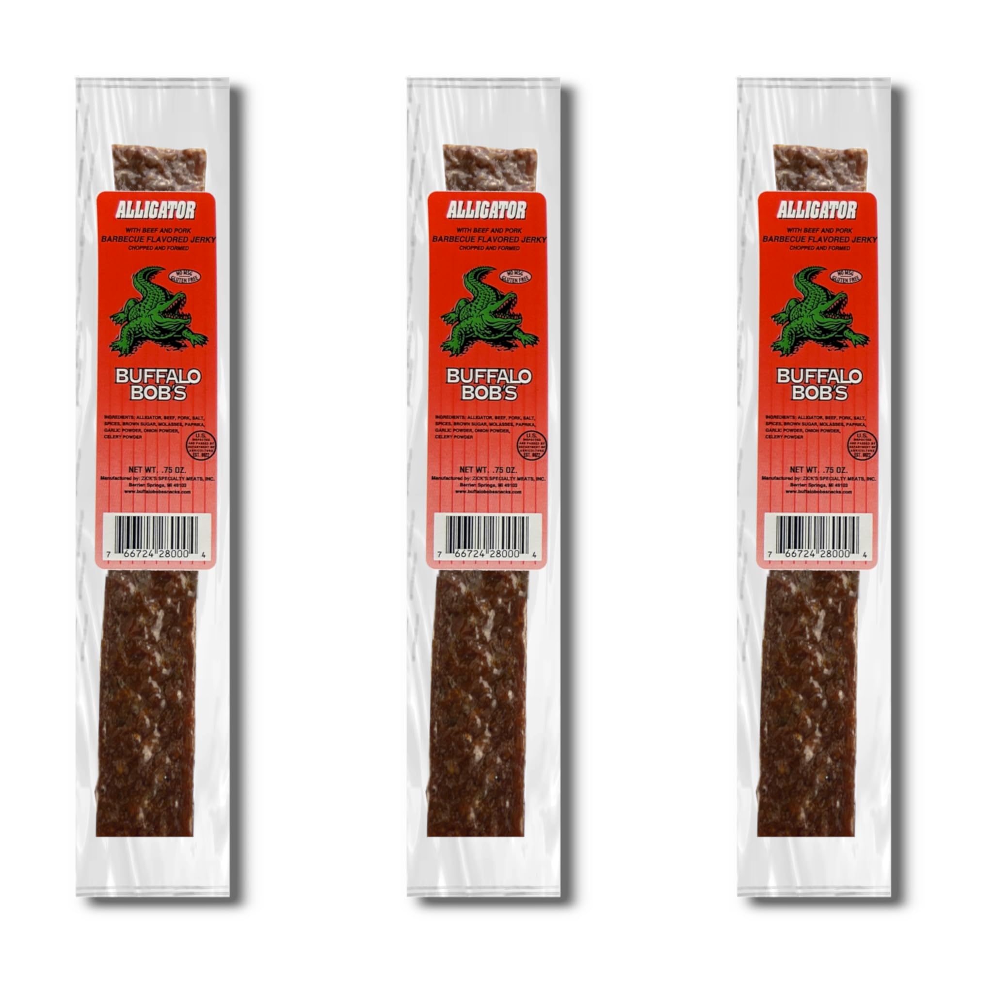 Buffalo Bob's Wild Game Meat Snacks - Alligator Barbecue Jerky Strip (0.75oz, 3 pack) High-Protein Exotic Meat for Adventure Enthusiasts, Stocking Stuffer, Gift for Dad/Men