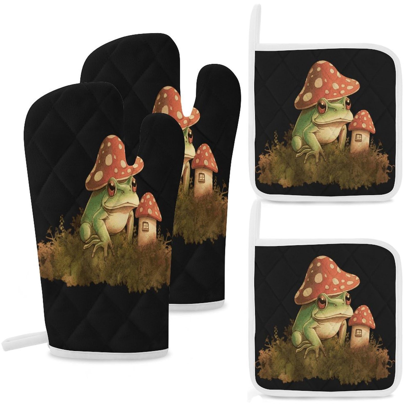 Fekiloot Style Mushroom House And Frog Oven Mitts And Pot Holders 4-Piece Set, Kitchen Oven Glove With Hanging Loop, Bbq Gloves For Cooking Baking Grilling
