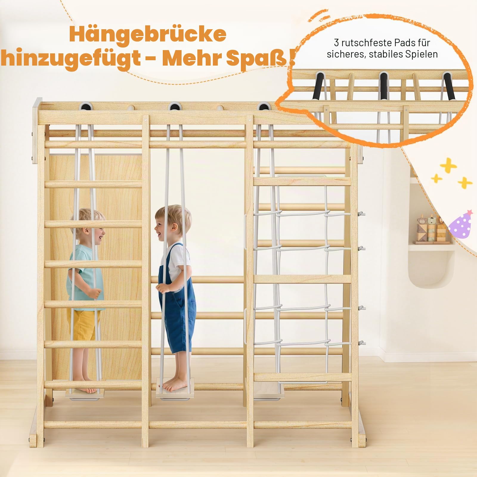 9-in-1-Klettergerüst für den Innenbereich für Kinder, Indoor-Spielplatz aus Holz mit Rutsche und Schaukel, Montessori-Kletterset mit Kletternetz und Klettergerüst