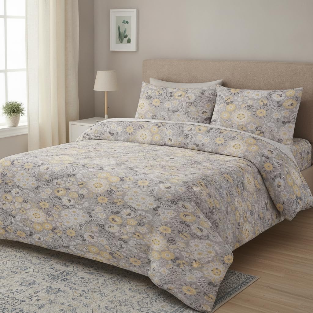 M&J Home 3 Piece Double Duvet Cover Set, Floral Yellow Grey, Polycotton Blend 132 Thread Count, OEKO-TEX Certified, Button Closure, Easy-Care, Includes Duvet Cover & Pillowcases