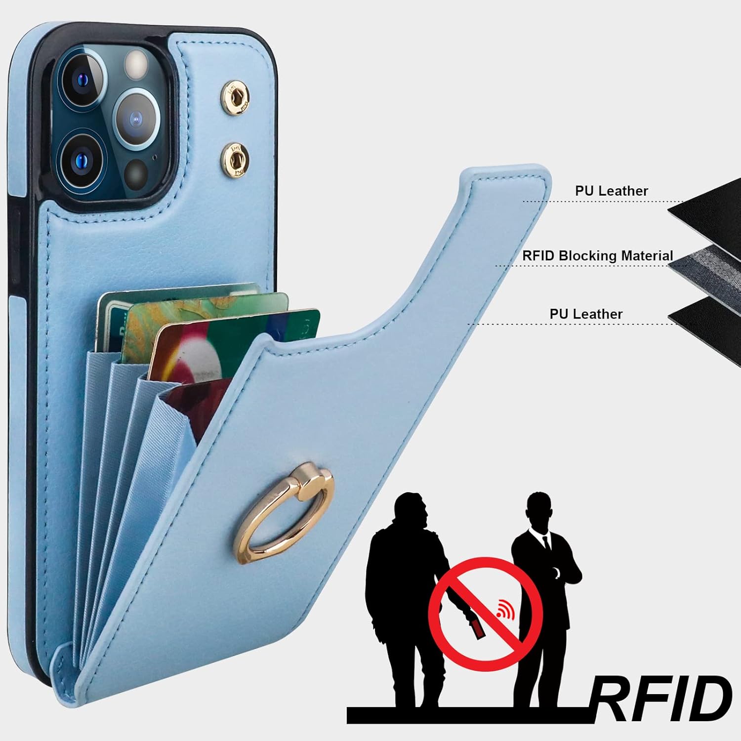 Folosu Compatible with iPhone 13 Pro Case Wallet with Card Holder, 360°Rotation Finger Ring Holder Kickstand Protective RFID Blocking PU Leather Double Buttons Flip Shockproof Cover 6.1 Inch Blue
