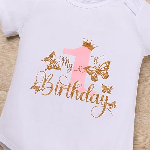 Miniatura 4 de IDOPIP - Conjunto de cumpleaños número 1 con mariposas para bebé niña, con lentejuelas, pelele con mariposas, falda de tutú, diadema, disfraz para