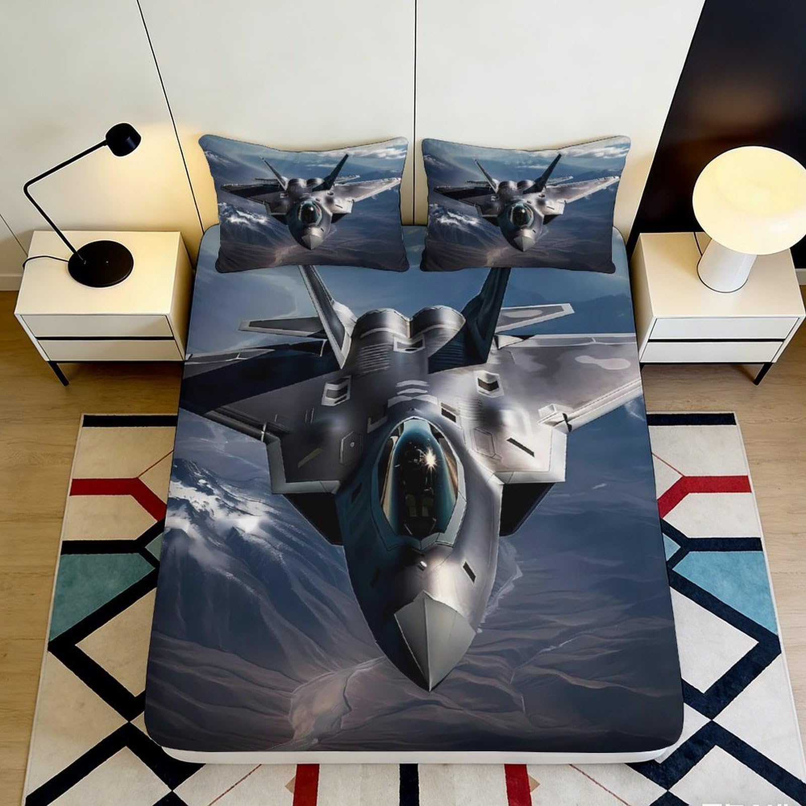 3D Printed Fighter Jet Fitted Sheet Microfiber Soft Breathable Warplane Bed Cover for Bedroom Dorm Mattress Protection Decor 90x200x25cm
