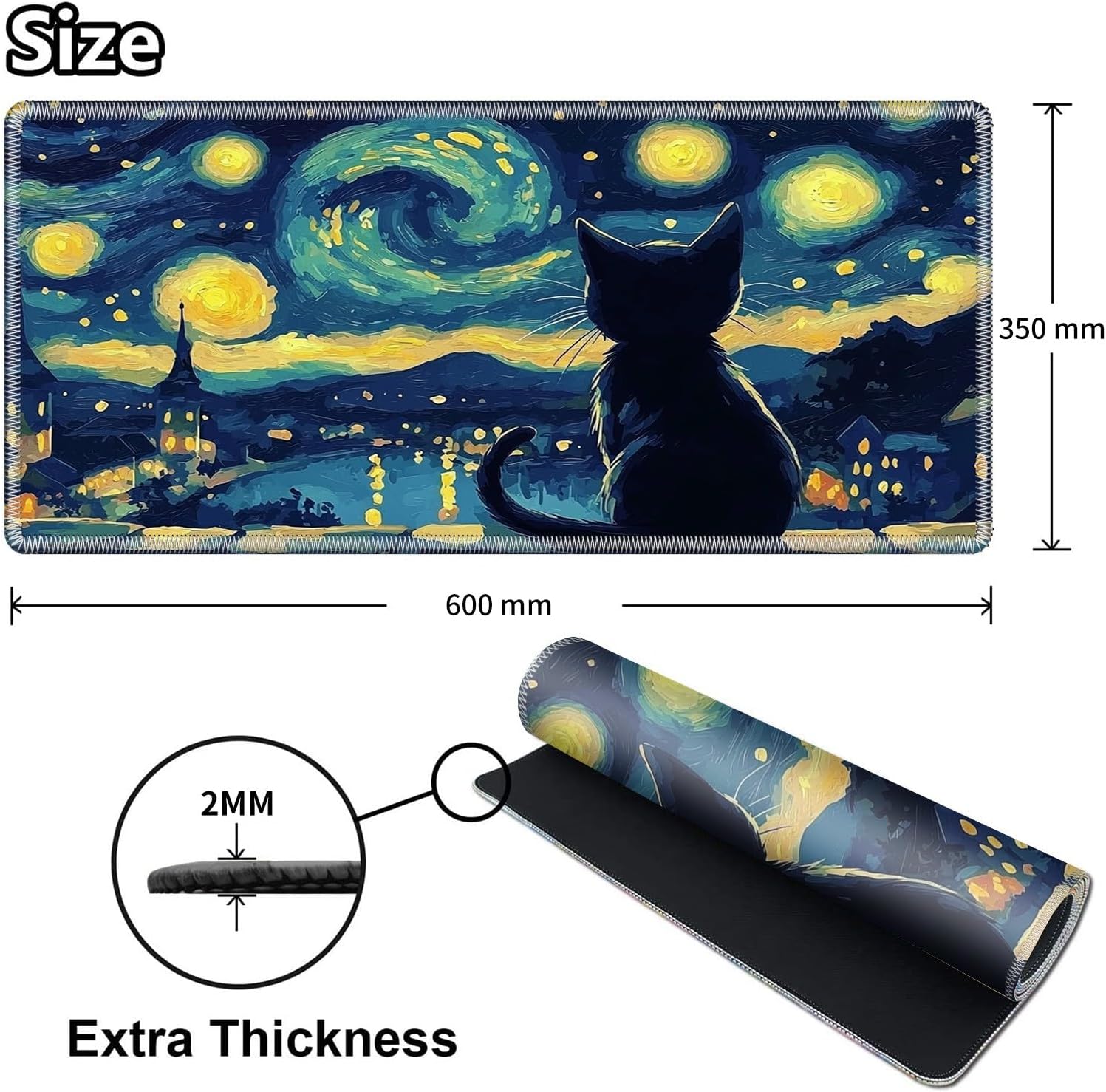 Playmat for MTG, Game Play Mat Card Game Playing 24 x 14 inches Tabletop Magic Play Mats Non-Slip Rubber Base and Stitched Mousepad Desk Mats Playmats for MTG TCG,Starry Night Black Cat