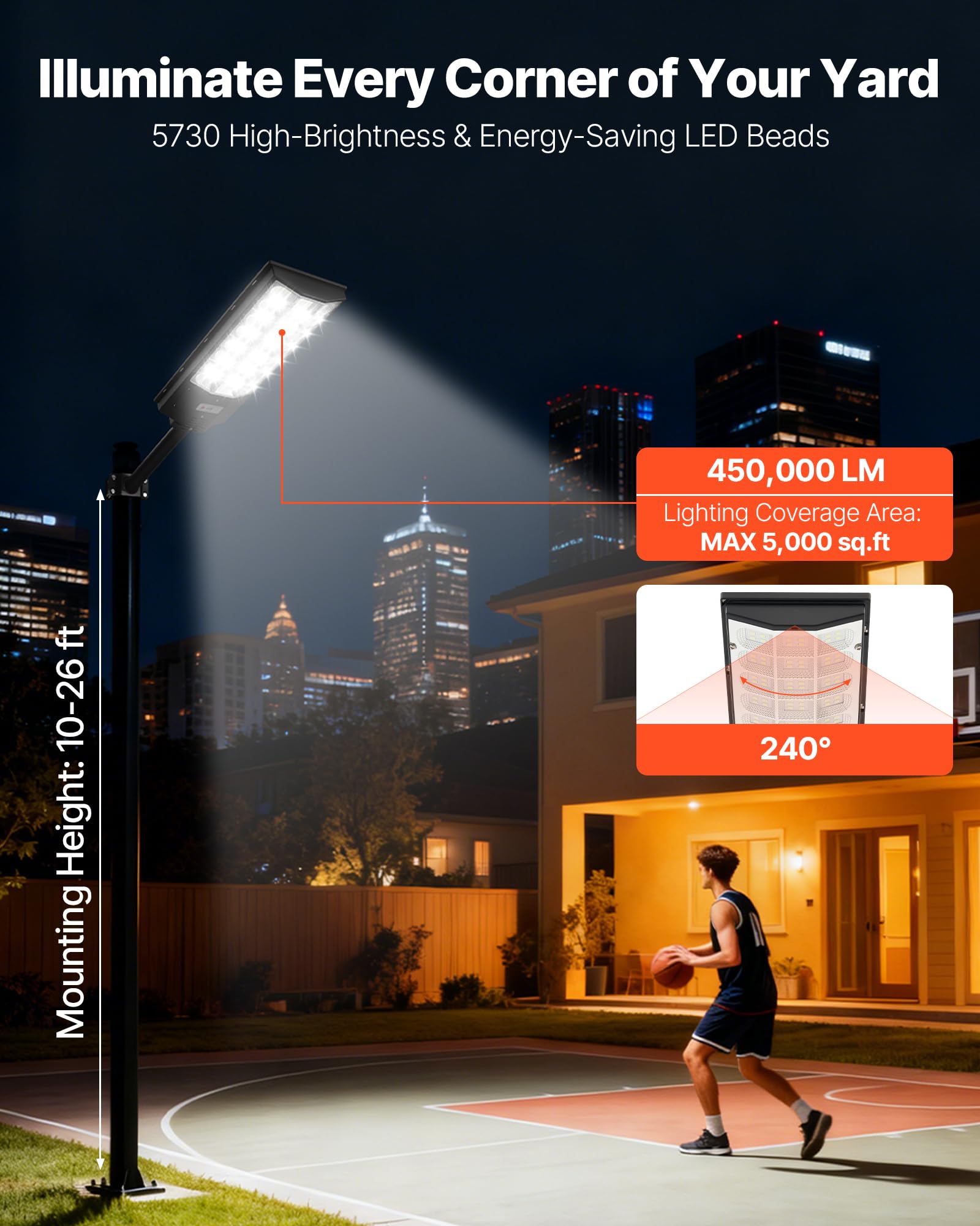 VEVOR Lampioni Solari da Esterno da 8000 W 450000 LM, Faretto per Parcheggio Commerciale Lampada di Sicurezza a LED con Sensore di Movimento, Illuminazione Esterna per Garage 3 pezzi