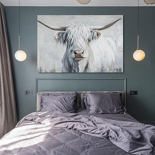 Vista 8 de Arte De Pared De Ganado De Las Tierras Altas, Vaca Con Margarita, Paisaje De Arbusto, Decoración De Pared De Granja Para Sala De Estar, Pasillo