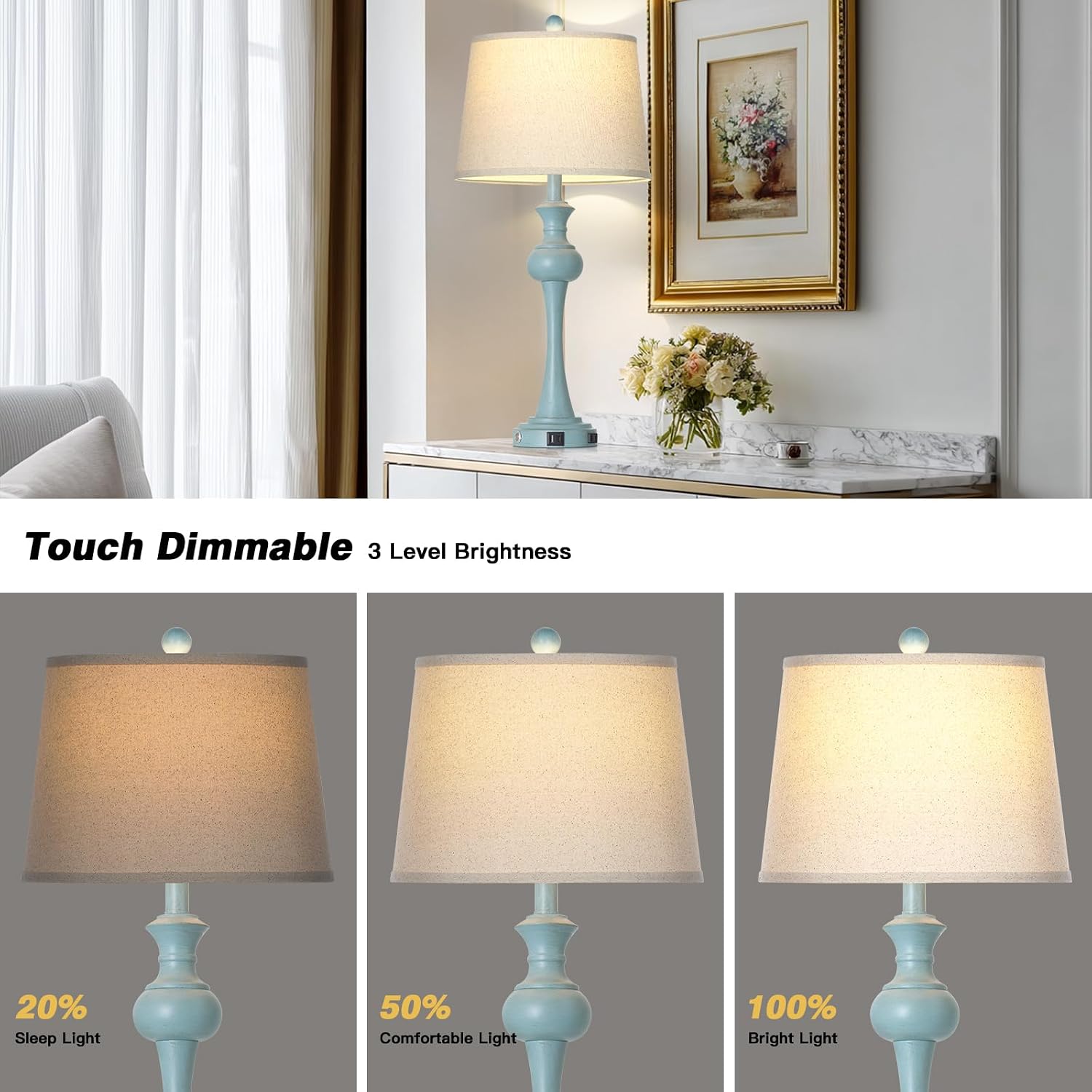 Cinyirong 29" Coastal Table Lamp Set of 2, 3-Way Dimmable Touch-Control Bedside Lamps with USB-A+C Ports, Vintage Farmhouse Nightstand Lamps for Bedroom, Retro Blue (Includes 2 LED Bulbs)