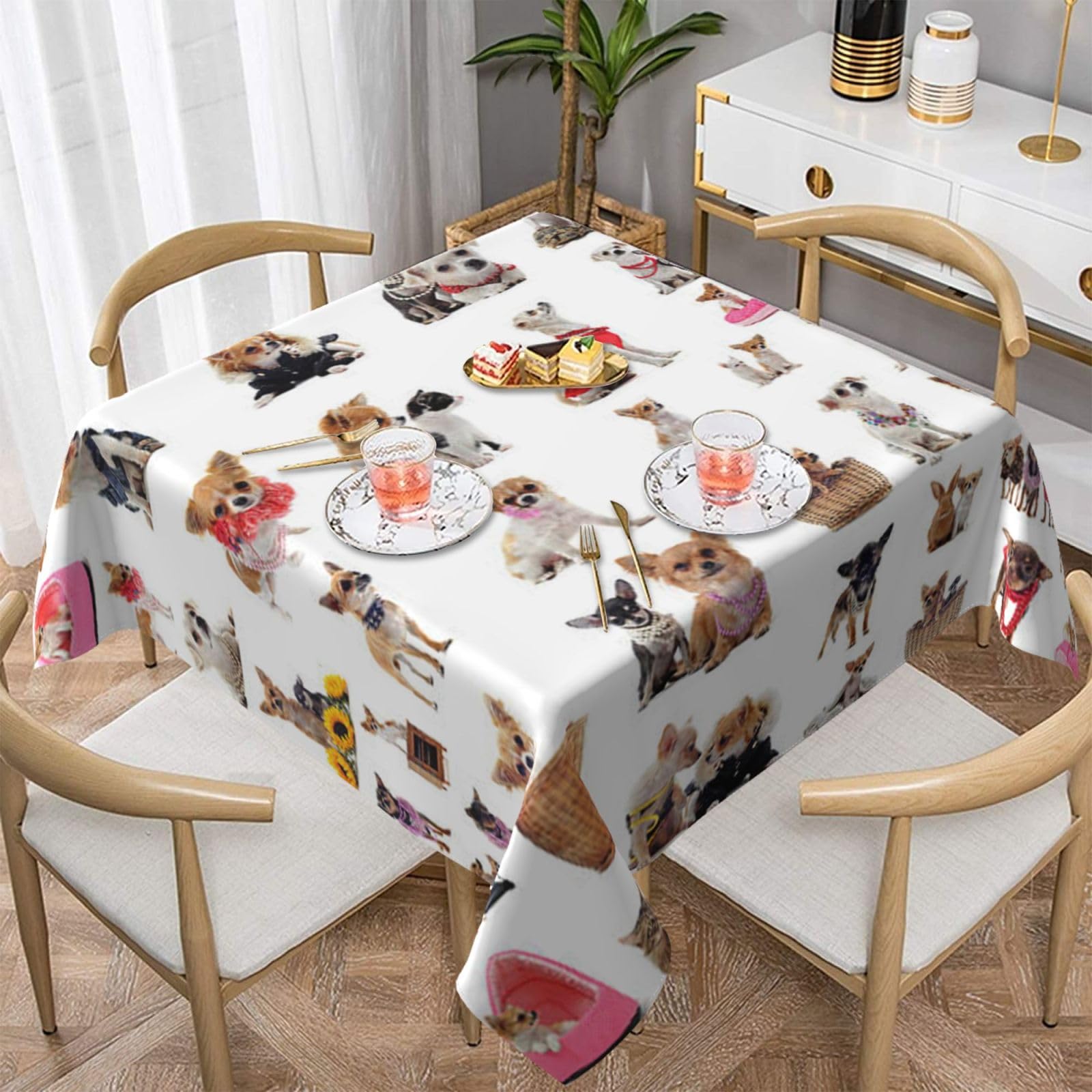 DCEHGEW Cute Chihuahua Pug Pattern Prints Square Tablecloth 152x152 CM, Waterproof Fabric Table Cloth for Dining Table, Farmhouse Table Cover for Kitchen Dining Tabletop Decoration