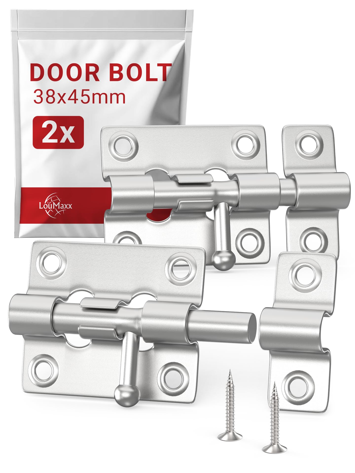LouMaxx Set of 2 Door Locks - Hook Door Closure 38 x 45 mm - Screws Included - Armored Door Bolt - Door Lock - Sliding Bolt - Door Latch - Wooden Door Lock