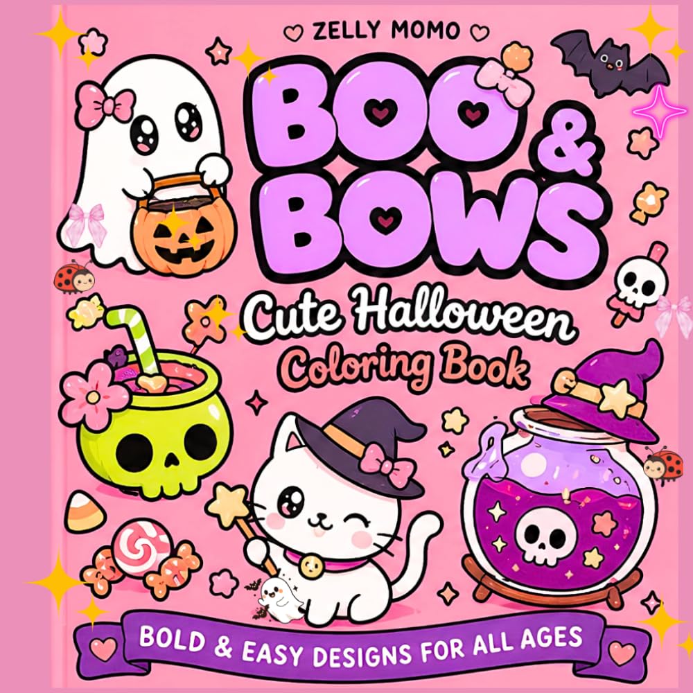 Boo & Bows - Bold and Easy: A Cute Halloween Bold & Easy Coloring Book for Adults, Seniors & Teens Featuring Cute Ghosts, Pumpkins, Witches and Cozy Spooky Scenes