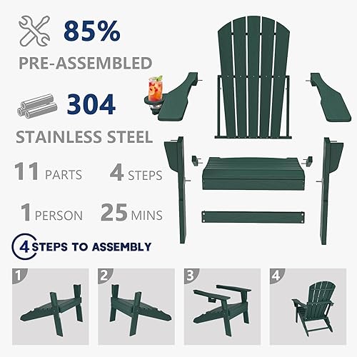 Vista 84 de Plawdlik Adirondack Silla plegable y cómoda, probada por SGS, textura de madera con portavasos, polietileno de alta densidad resistente a todo tipo