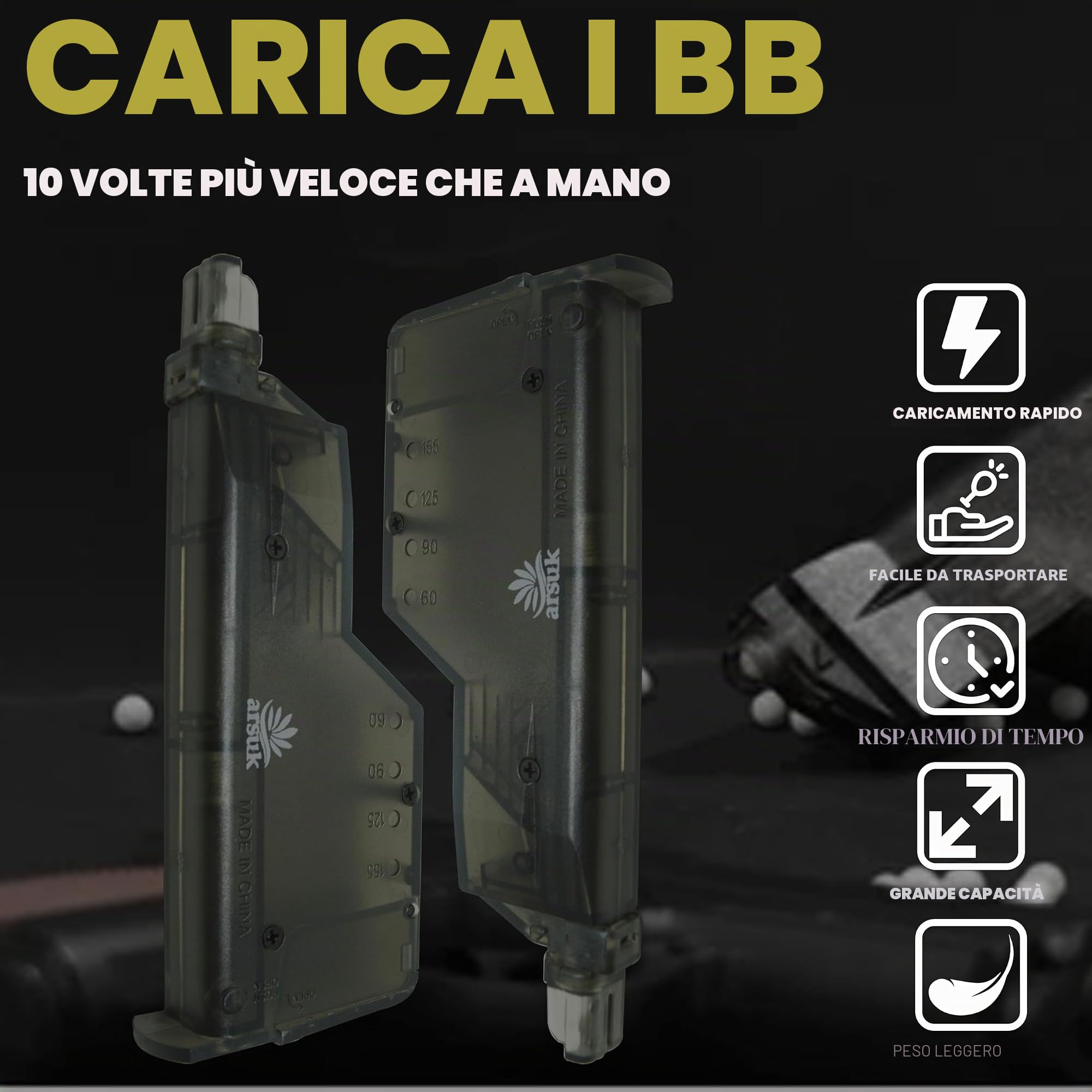 ARSUK Speed Loader Airsoft 6 mm con Adattatore – Caricatore Rapido per Pallini – Strumento di Ricarica Veloce per Caricatori, Pistole e Fucili Softair