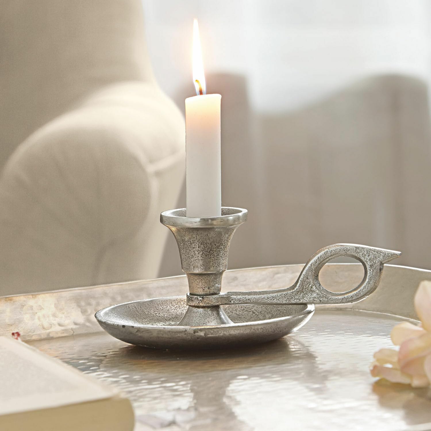 Loberon Kerzenständer Aisa, Wunderschönes Shabby-Finish, Tolle Basis Für Deko-Ideen, Vintage-Look, Platz Für 6 Stabkerzen, Tablett, Kerzenhalter, Eisen, Antikschwarz