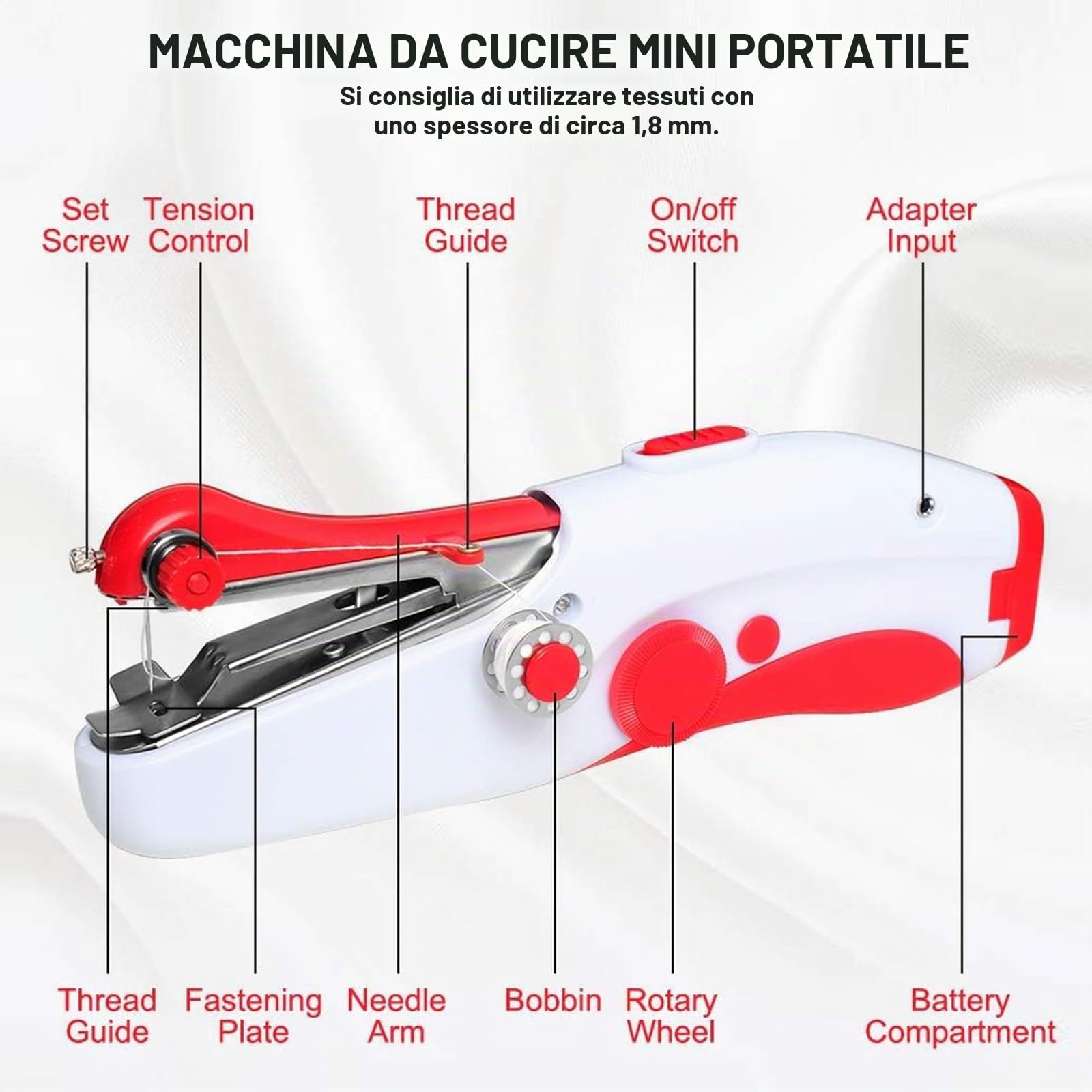 Macchina da Cucire Portatile a Mano, SINZONEu® Mini Macchina da Cucire Elettrica con Doppia Alimentazione, USB/Batteria per Principianti, Riparazione Vestiario, Tessuti, Viaggi DIY