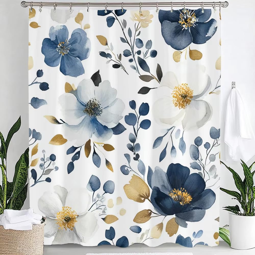 Cortina de Ducha de poliéster Resistente con Estampado Floral Azul y Blanco, Hojas, colibríes y Naturaleza (182 x 214 cm (72 x 84 Pulgadas)).