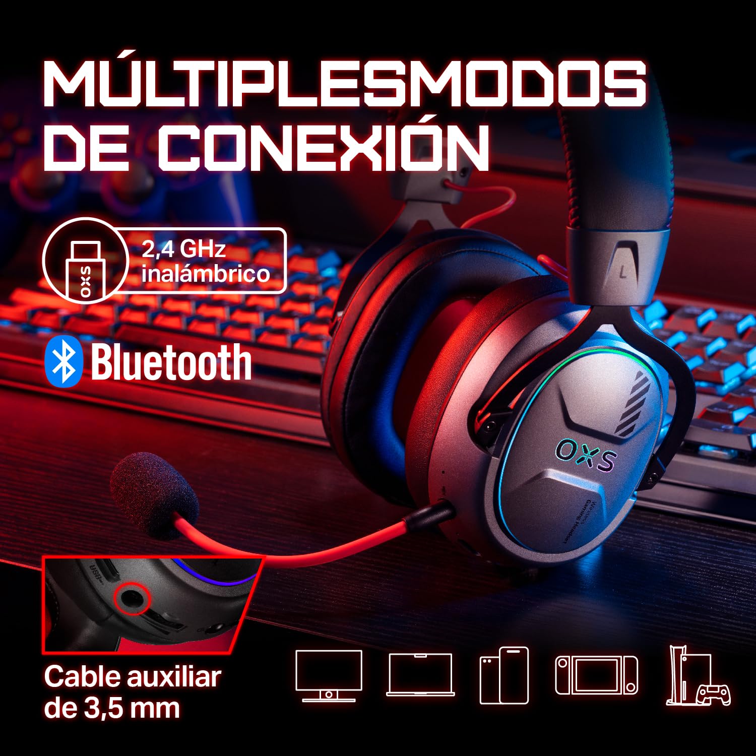 OXS Storm G2 Auriculares Inalámbricos para Gaming, Sonido Surround Virtual 7,1, Baja Latencia de 2,4 GHz, Driver de 50 mm, 40 Horas de Autonomía, luz RGB, Bluetooth 5.3, para PC, Consola y Teléfono