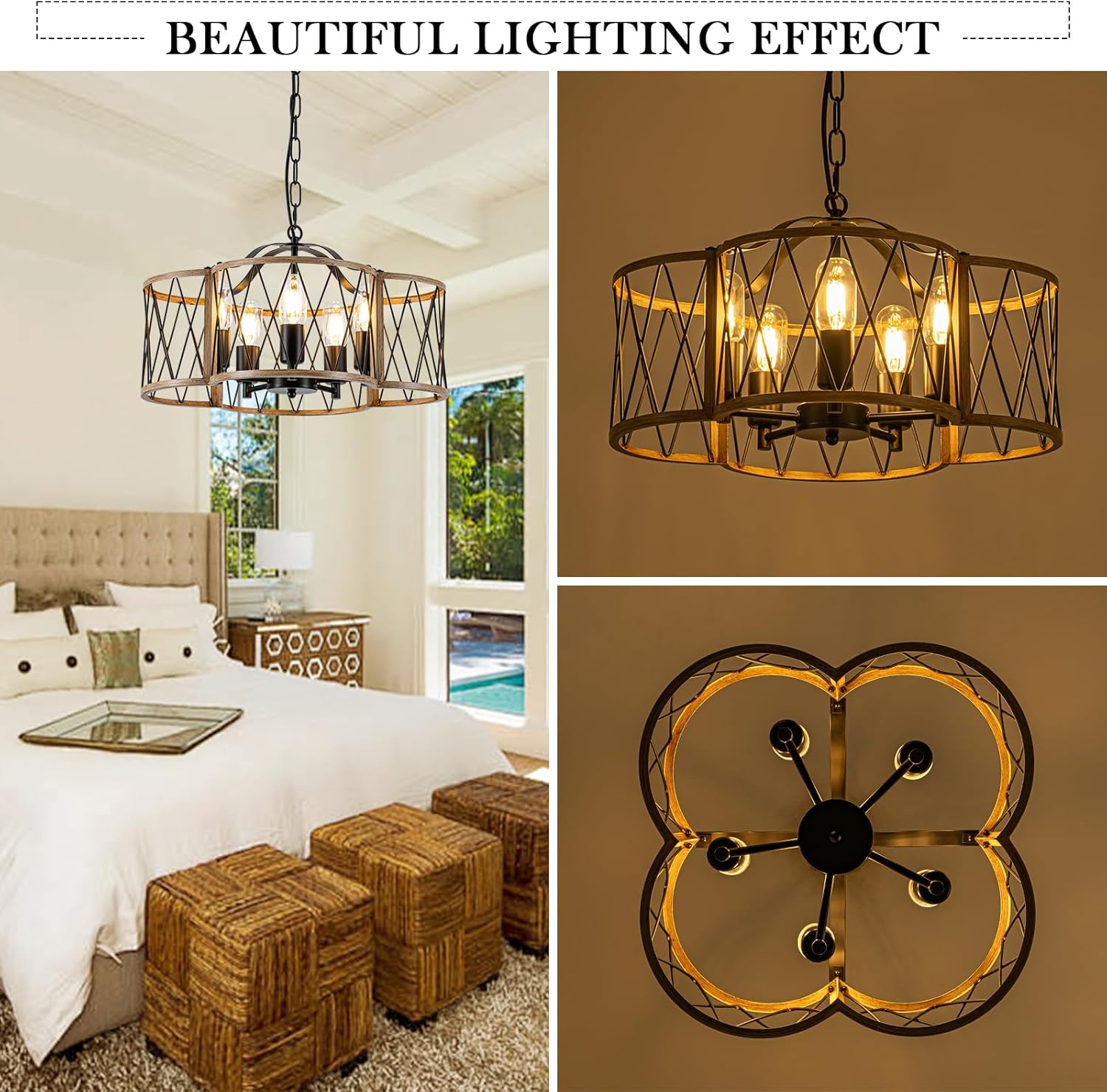 SYTPPLAN 5-Light Farmhouse Chandelier, 18.5" Rustic Dining Room Light Fixture Hanging, Industrial Modern Chandeliers for Kitchen Island Living Room Bedroom Entryway Foyer Hallway, Oak