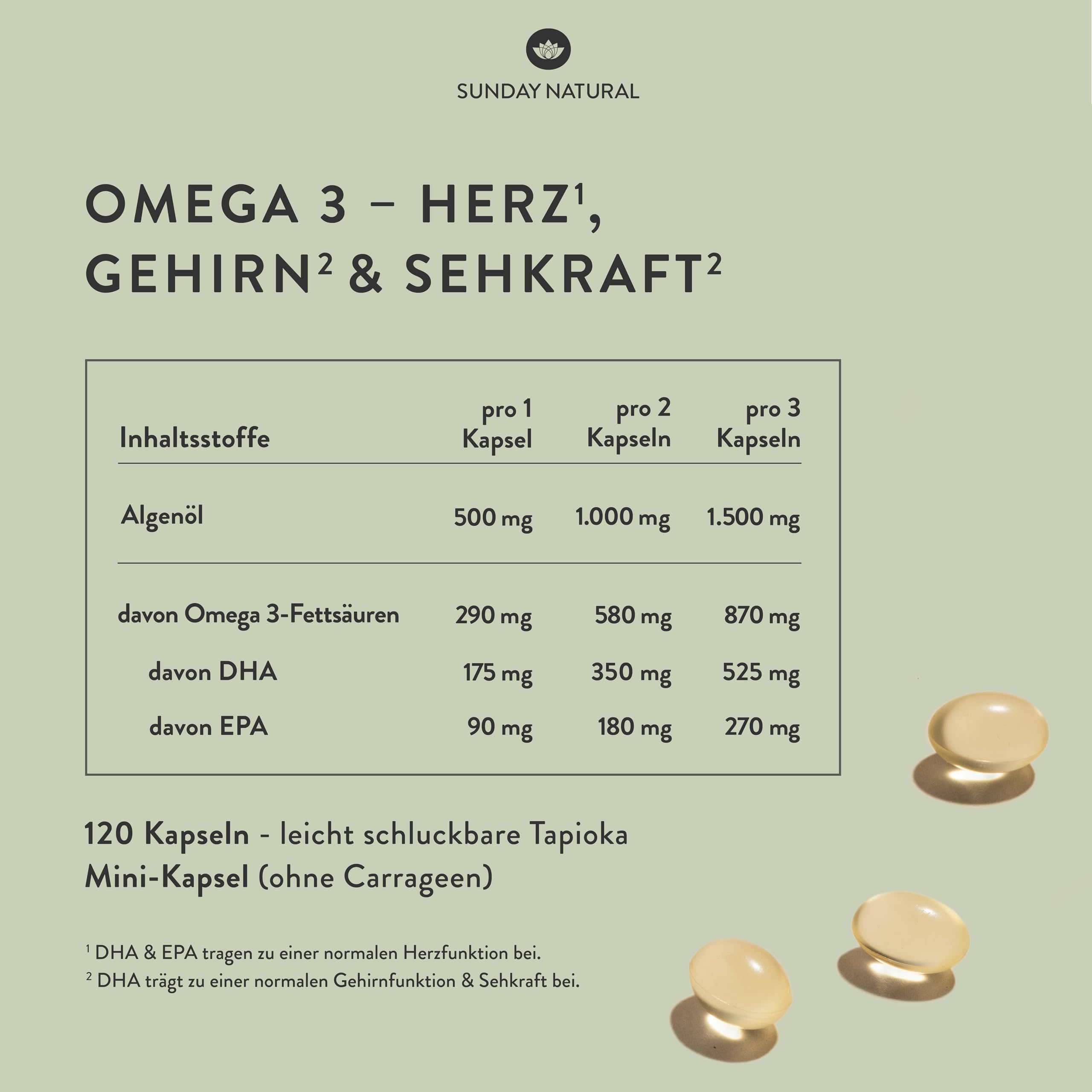 SUNDAY NATURAL® Omega 3 Vegan - 120 Softgel Kapseln - 1.000 mg Algenöl pro Tagesdosis: 350 mg DHA und 180 mg EPA (2 kapseln) - Leicht schluckbare Omega 3 Kapseln - Laborgeprüft
