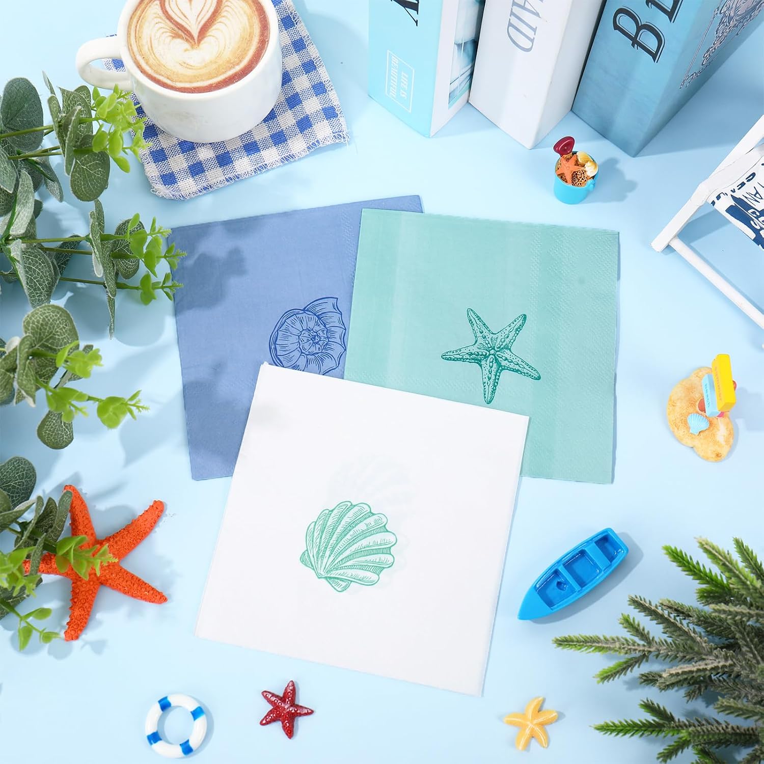 JarThenaAMCS 60Pcs Summer Cocktail Napkins Disposable Napkin Blue White Seashell Starfish Beverage Napkin for Summer Ocean Beach Party Supplies, 3 Designs