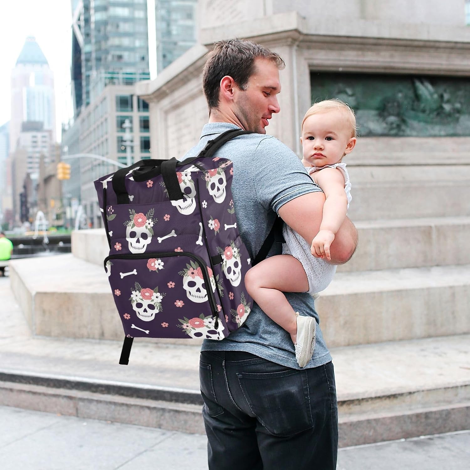 Dead Skulls Flowers Black Pattern Diaper Bag Backpack for Baby Boys Girls Multifunction Baby Essentials Travel Tote with Stroller Straps & Bottle Storage Large Travel Diaper Backpack for Baby