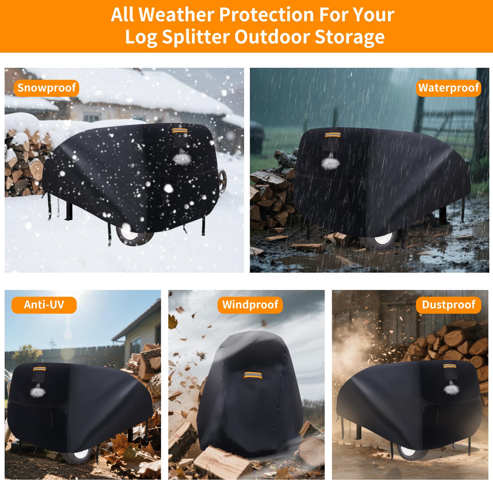 Housse pour fendeuse de bûches - Imperméable - 900D - Avec ouverture d'aération - 2 poignées réfléchissantes - 2 boucles coupe-vent - Housse de protection pour fendeuse de gaz ou électrique de 15 à 45