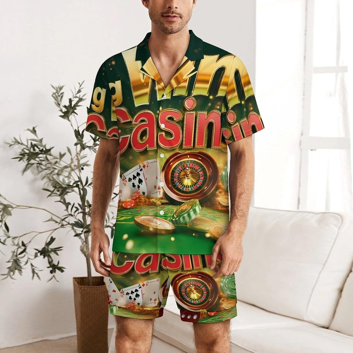 Big Win Casino Men's Short Sleeve Pajama Set Satin Silk Like Lounge Sleepwear
