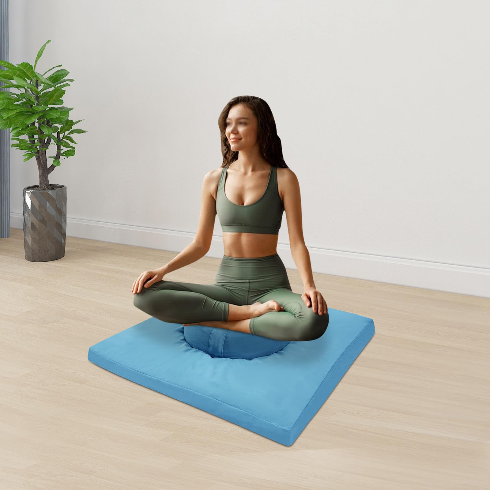 Set di cuscini da meditazione, rotondi e quadrati, con rivestimento in cotone e velluto, per meditazione, yoga, per interni ed esterni (40 cm e 80 x 80 cm) (blu)