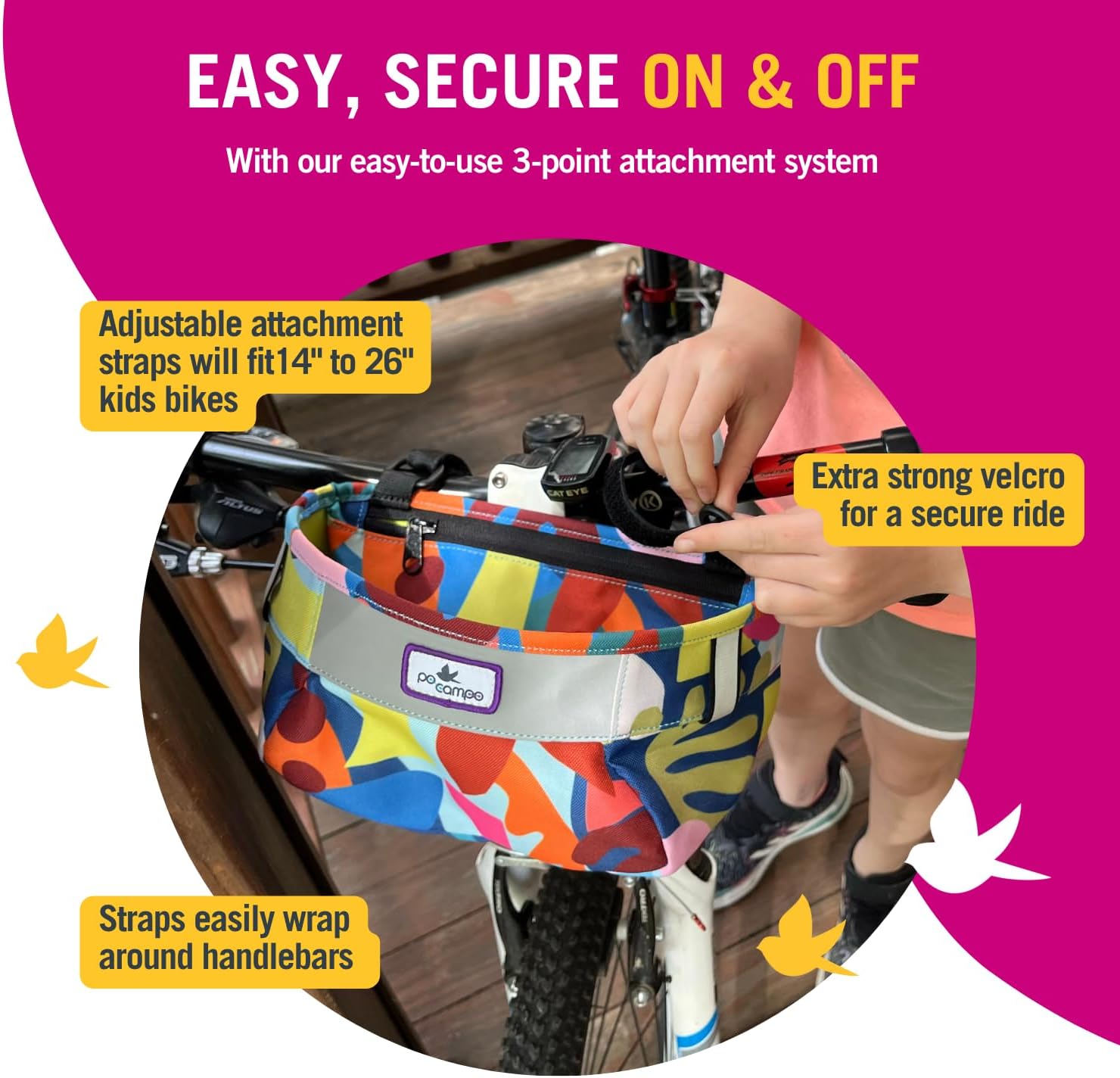 Po Campo Kids Bicycle Basket – Whoosh Bike Basket – Front Frame Handlebar Bag – Waterproof Fabric Bike Basket for Boys, Girls, Toddlers Bike or Scooter