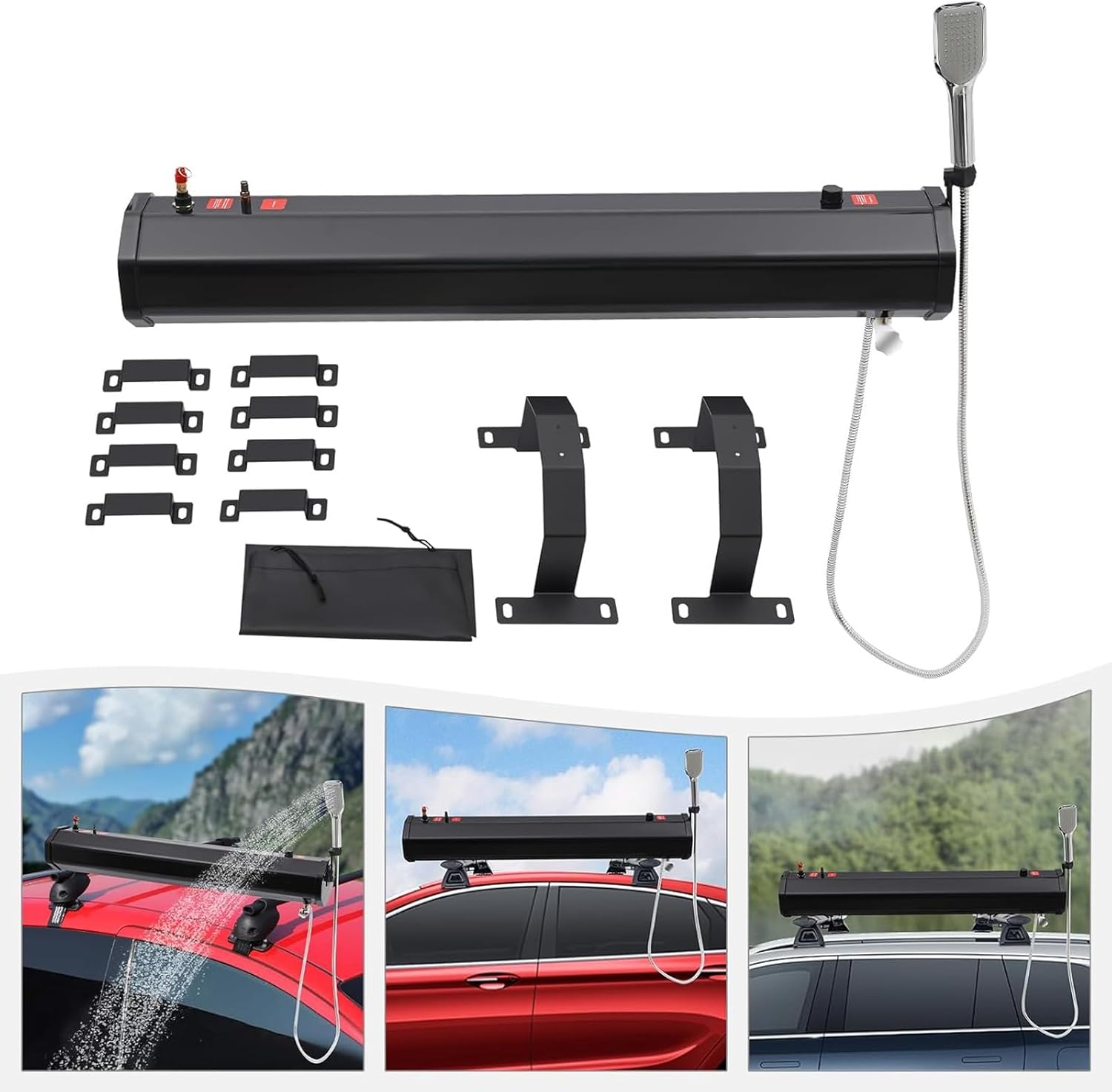 Solar Shower, 18L/20L/30L Pressurized Water Tank, Camping Roadside Shower with Shower Heads and Hose Set for Off-Road, Water Storage, Outdoor Activities (113cm/44 in)