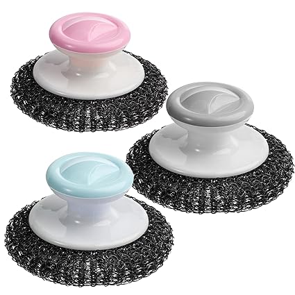 Stainless Steel Scrubber with Handle, 3 Pack Steel Scrubbers for Cleaning Dishes(Pink/Blue/Grey)