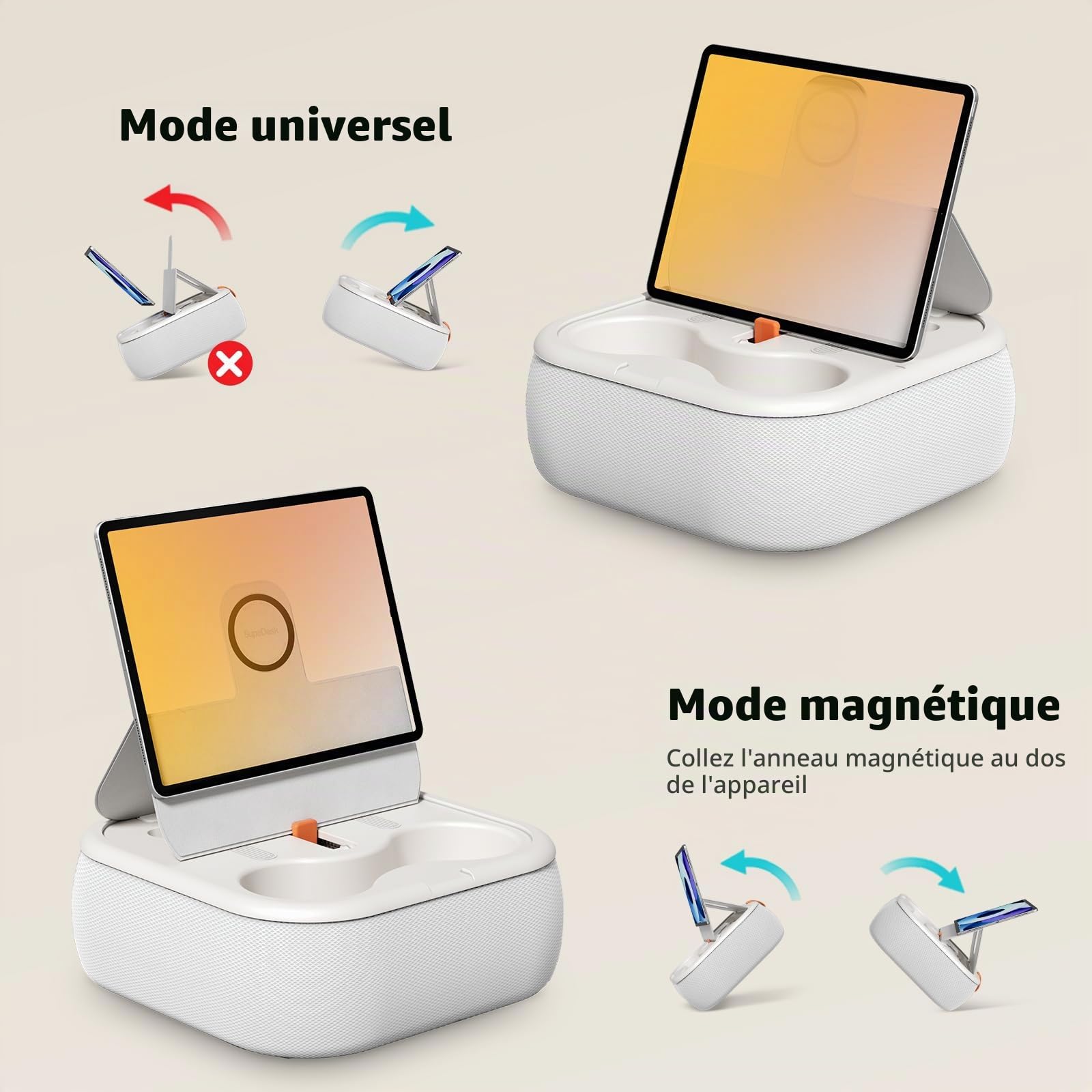 SupeDesk Support magnétique pour tablette/Kindle avec deux anneaux magnétiques, compatible avec les téléphones, tablettes, Kindle de 4 à 13", coussin confortable avec bol pour les genoux, le bureau,