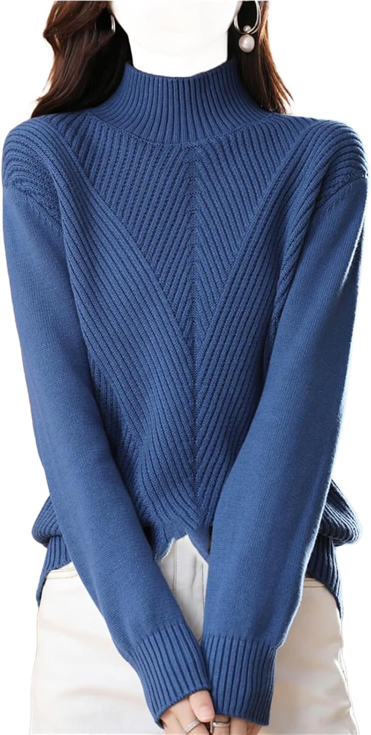 Cotton Knit Sweater Half High Collar Stripe Pullover Thickened Bottoming Casual Knitted Top for Girls
