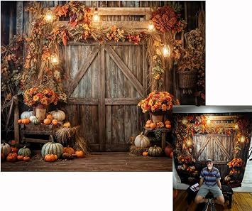 Kate 10x8ft Autumn Farm Pumpkin Lanterns Decoration Photography Backdrops Fall Leaves Wooden Gate Pumpkin Thanksgiving Party Photo Background Shooting