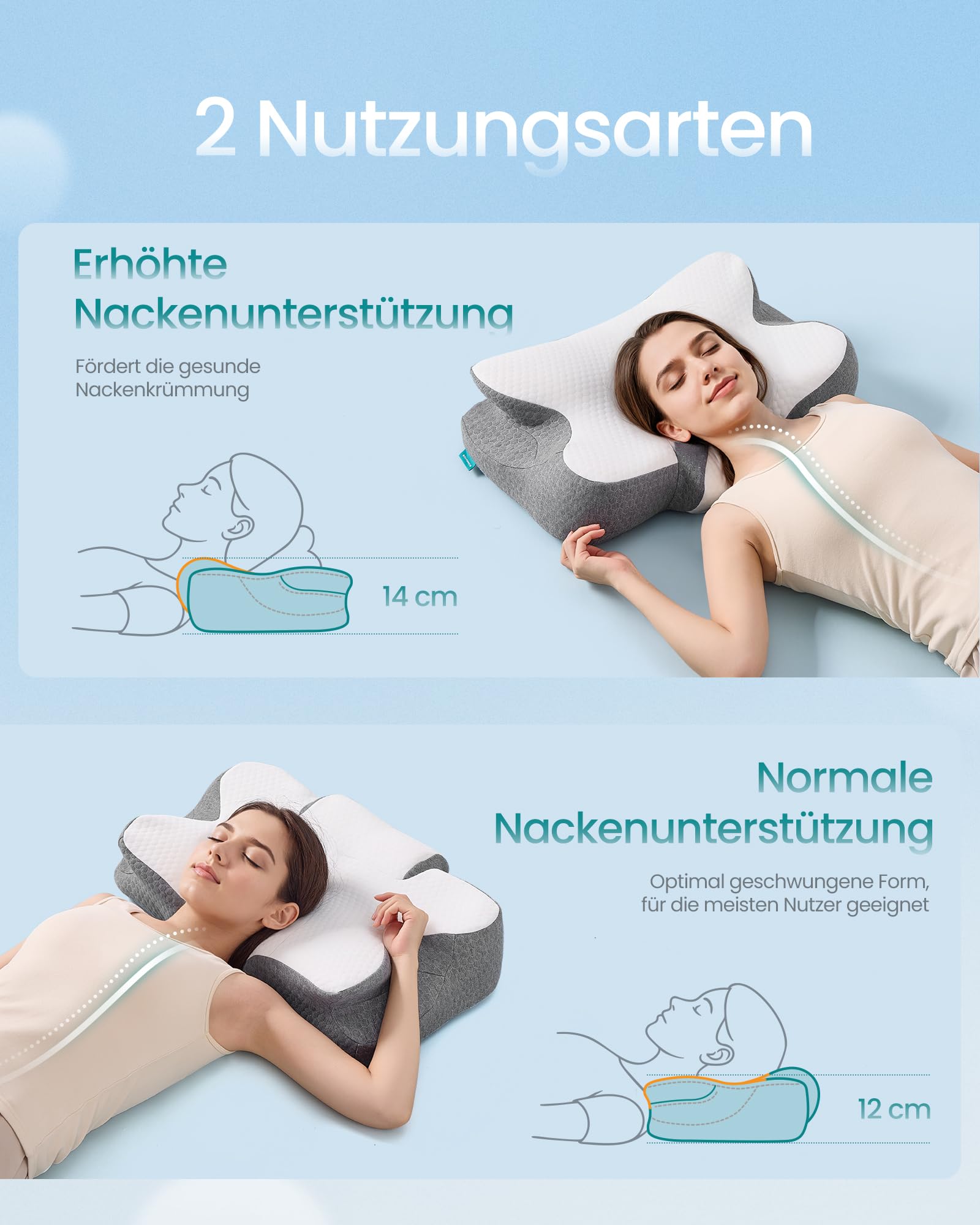SONGMICS Kopfkissen, Kissen ergonomisch, Nackenkissen, höhenverstellbar, Schlafkissen, Memory Foam Kissen, für Seitenschläfer, Rückenschläfer & Bauchschläfer, wolkenweiß-Taubengrau TBP051GZ02