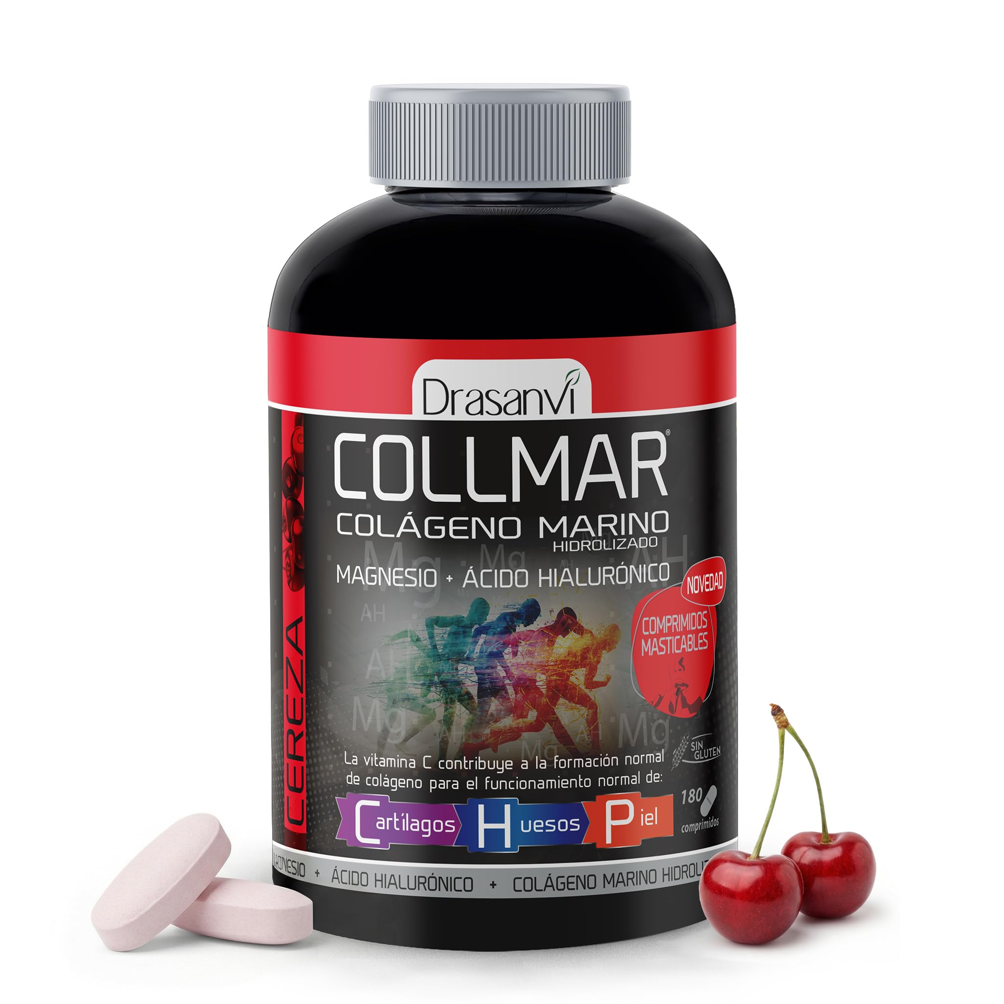 DRASANVI COLLMAR COMPRIMIDOS MASTICABLES - COLÁGENO Marino Hidrolizado + Magnesio + Ácido hialurónico - Sabor CEREZA - 180 comprimidos