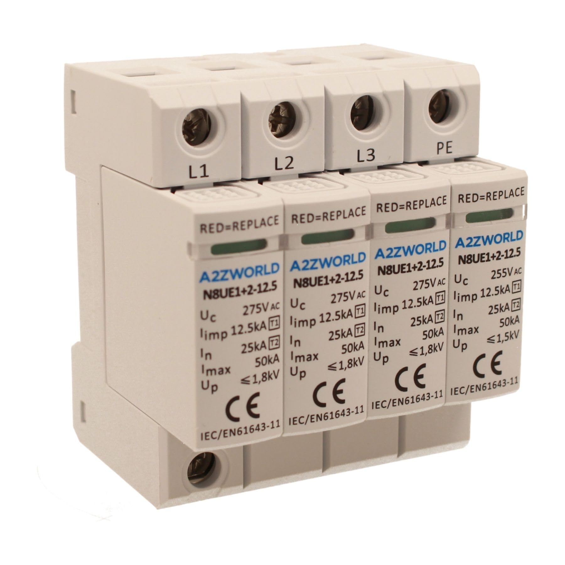 Scaricatore Di Sovratensione Tipo 1+2 T1+T2 B+C, SPD a Limitazione Per Barra DIN, 3P+N Da 4 Moduli DIN, 25kA-50kA 12,5kV AC275V, IP20