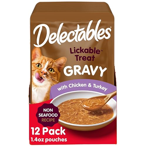 Delectables Lickable Treat Gravy Non-Seafood Wet Cat Treat with Real Chicken & Turkey, Food Topper, Hydrating, Grain-Free, No Fillers, By-Products, Added Preservatives, 1.4oz Pouch, 12ct - Chicken & Turkey - 1.4 Ounce (Pack of 12)
