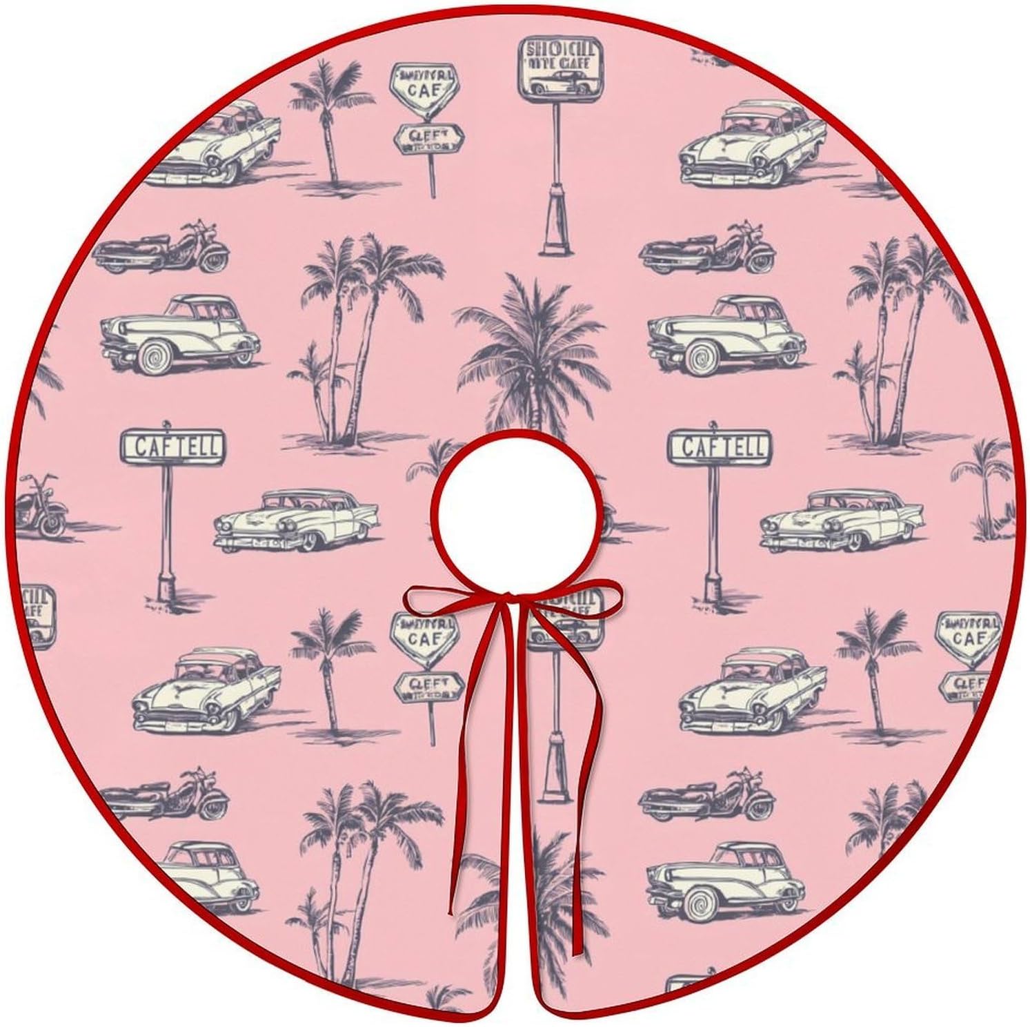 Classic-Car Beach Palm Trees Christmas Tree Skirt Ornaments Christmas Tree Mat for Home Party Holiday Decorations