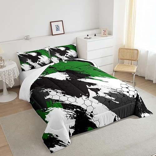 Miniatura 4 de Juego de edredón de camuflaje, juego de ropa de cama hexagonal tamaño matrimonial, color negro, verde, campaña, camuflaje, geométrico, edredón de