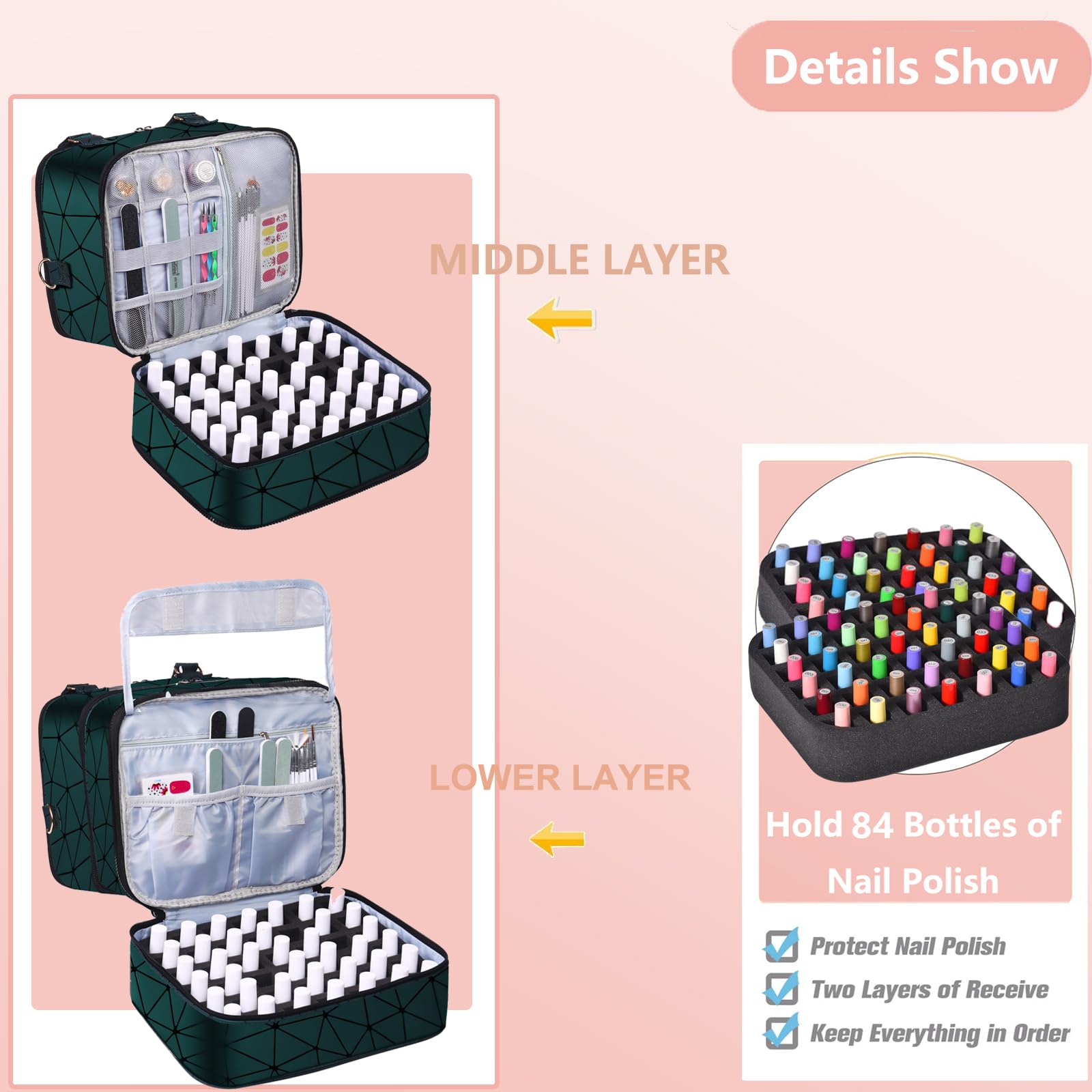 FCQQYWZ Pudełko na lakier do paznokci organizer na lakier do paznokci dwuwarstwowy organizer z uchwytem organizer na zestaw do paznokci pudełko do przechowywania paznokci, Zielony, 84 BOTTLES, moda